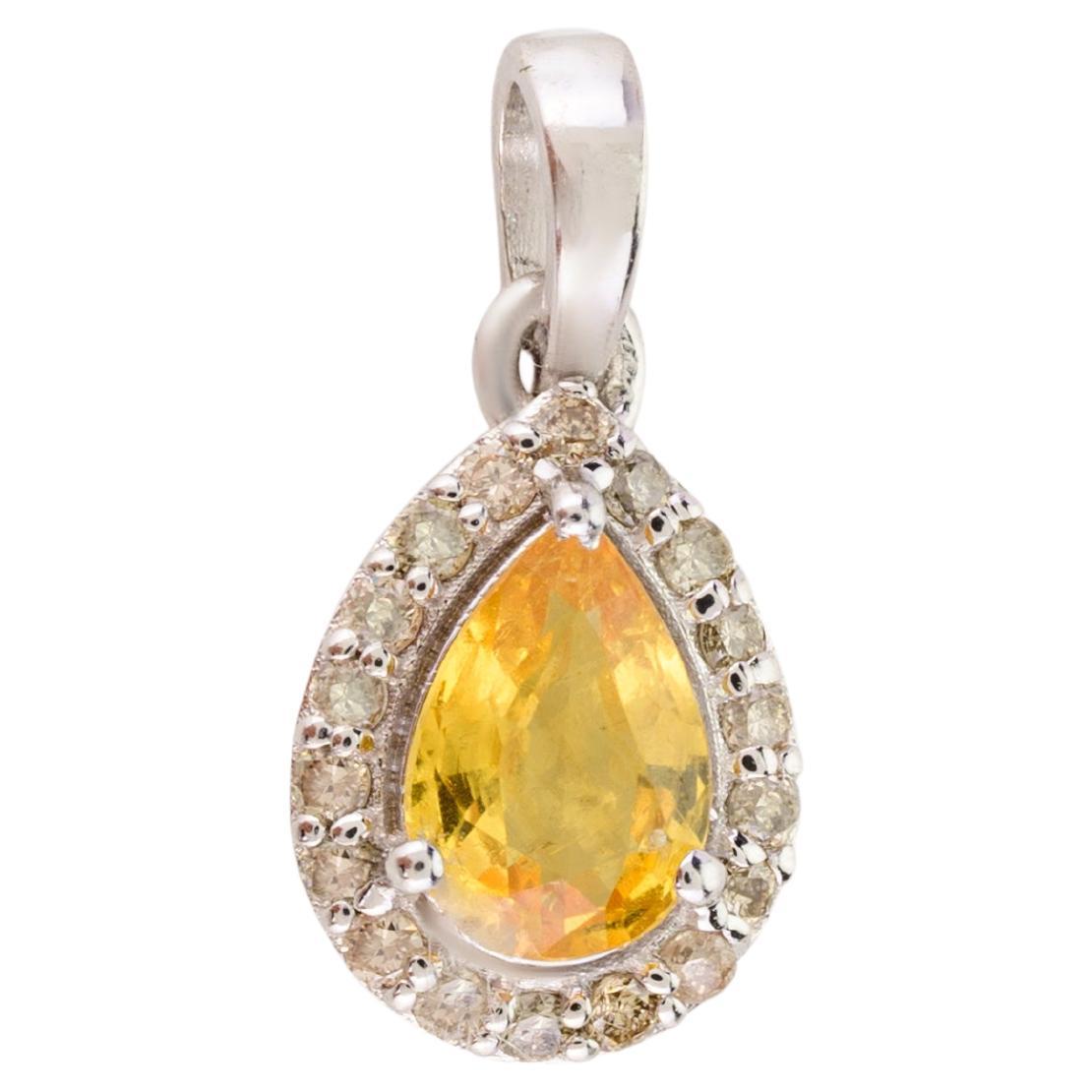 Everyday Yellow Sapphire Halo Diamond Pendant in 18k White Gold for Gift For Sale