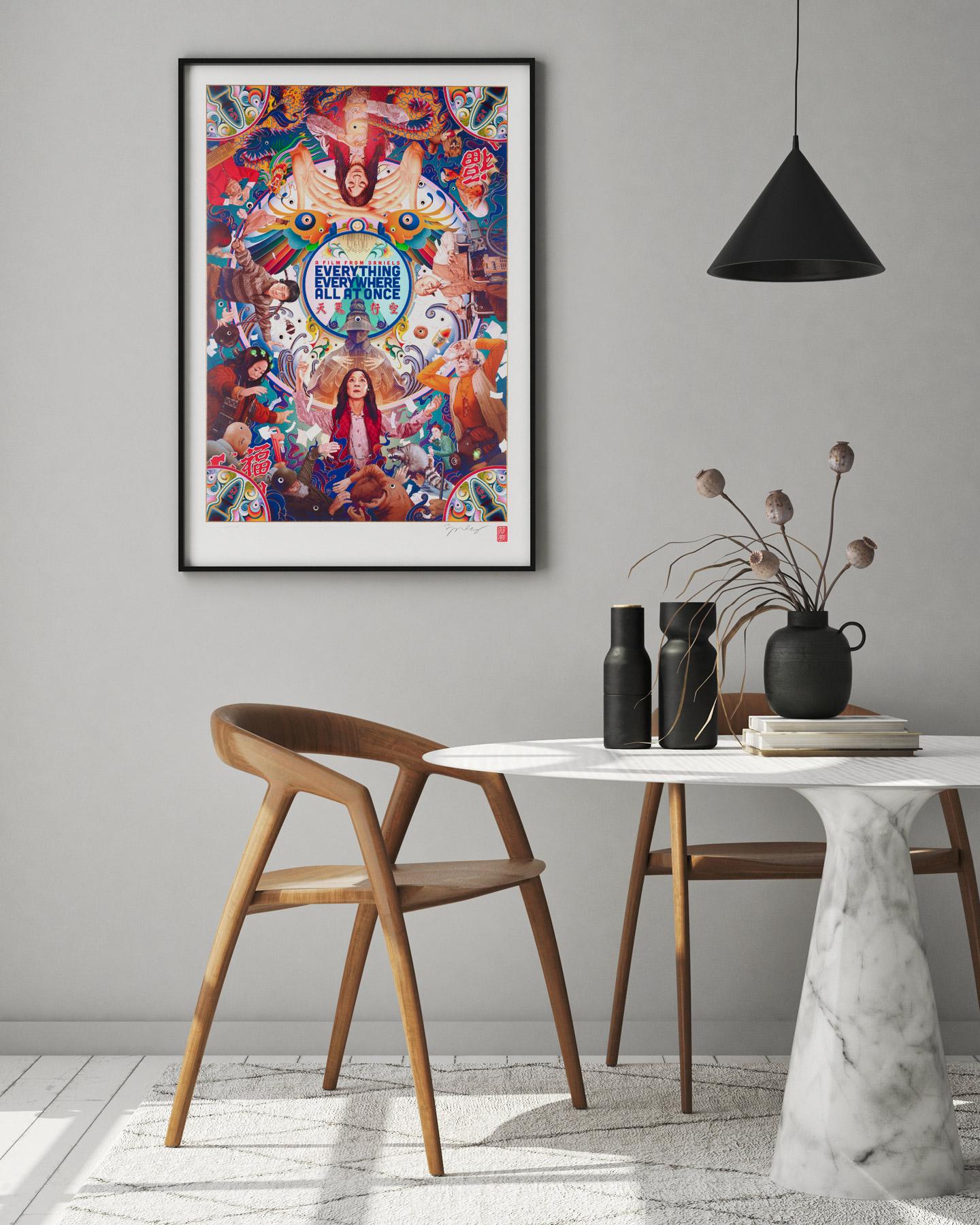 Fantastic original print for, arguably, the best film of 2022.

Everything Everywhere All At Once is a signed and numbered James Jean print Commissioned by A24 and Daniels, this elaborate image attempts to encapsulate the explosive and enigmatic