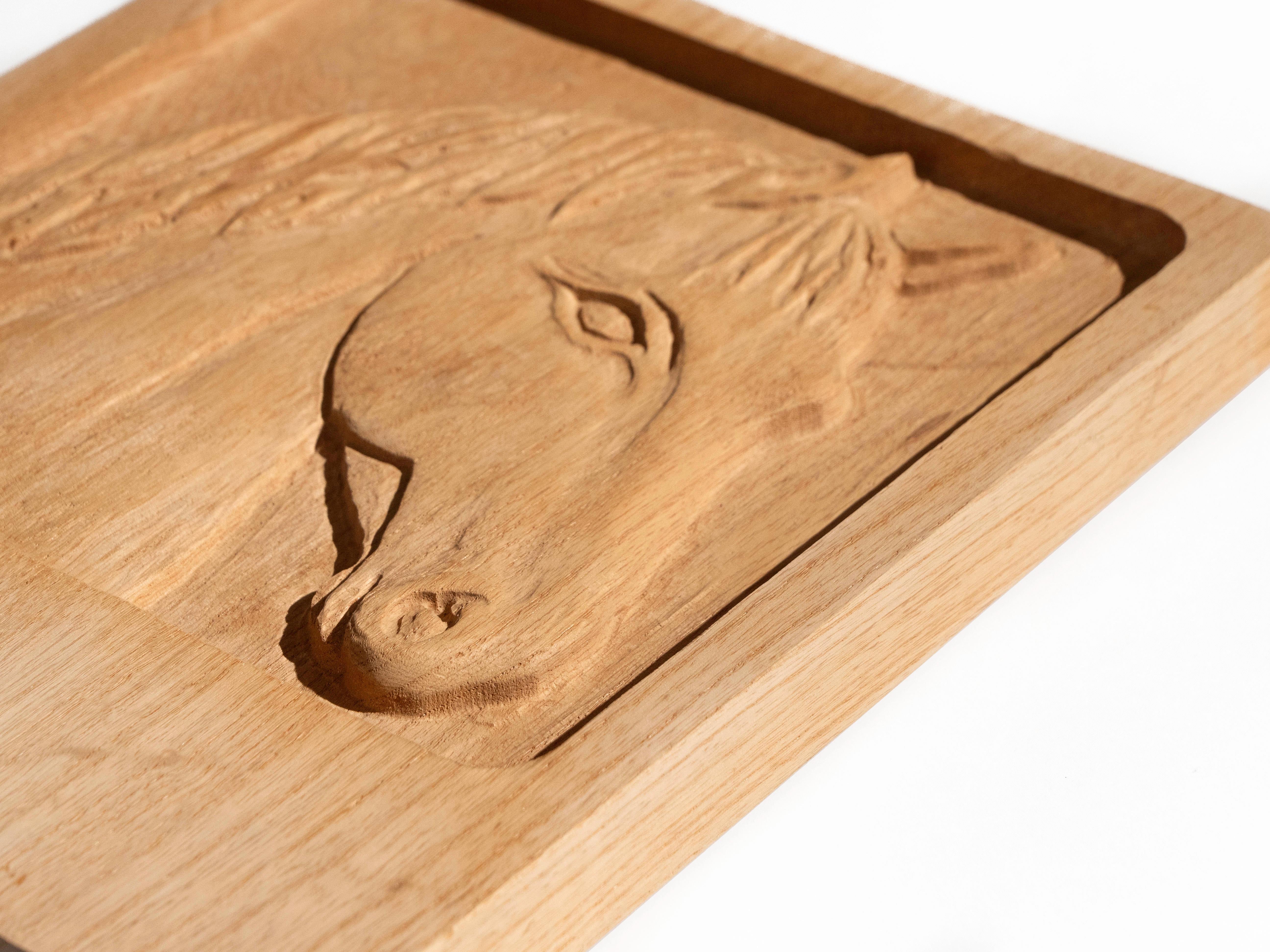 Pannello in legno di Eveyln & Jerome Ackerman con scultura di cavallo in Oak per Era Industries, 197 In condizioni buone in vendita a Los Angeles, CA