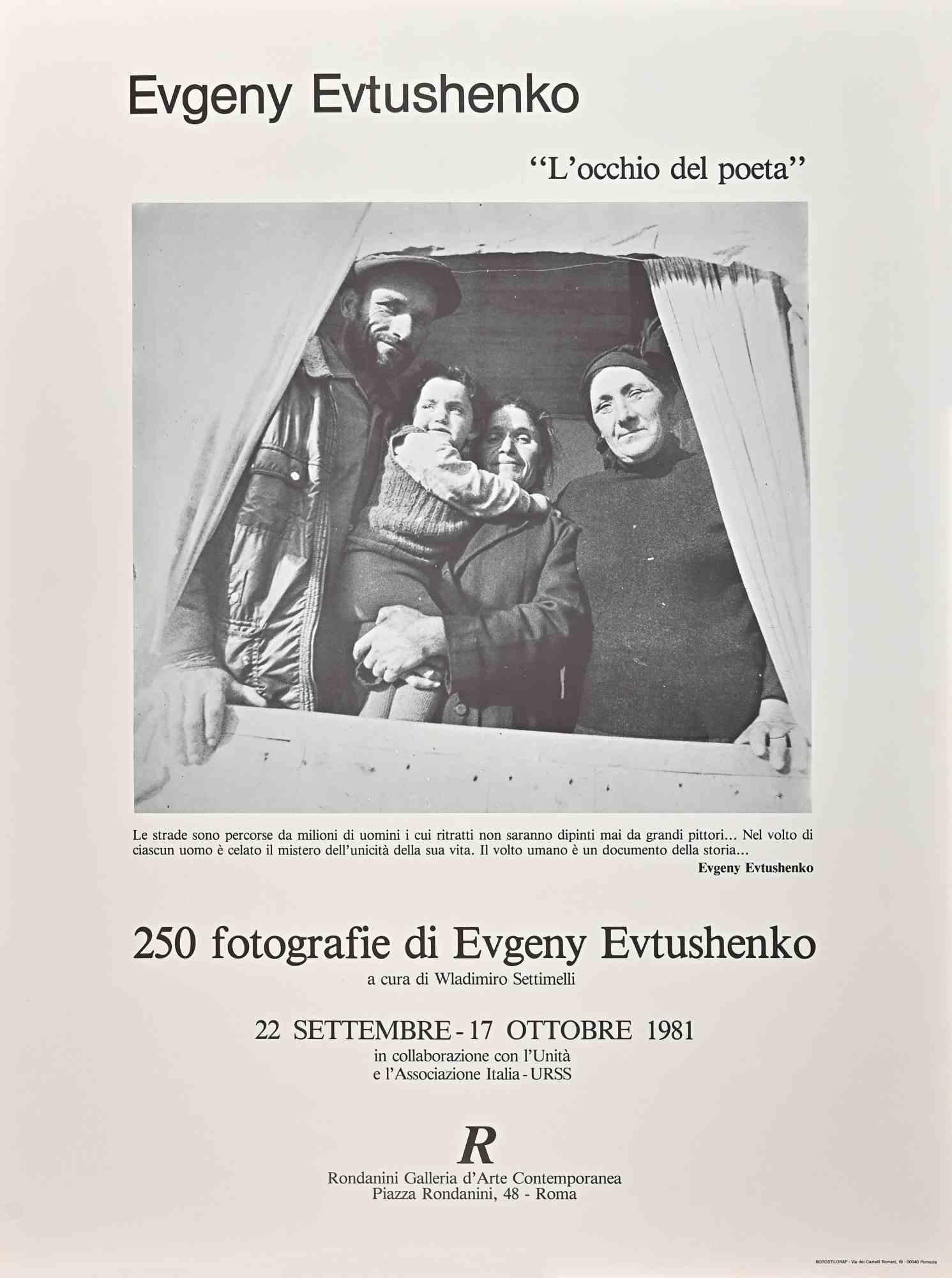 Evgeney Evtushenko- Exhibition Poster is a vintage poster print.

The poster was realized in 1981 on the occasion of the artist's exhibition In Rondadini Galleria d'Arte in Rome.

Good conditions.