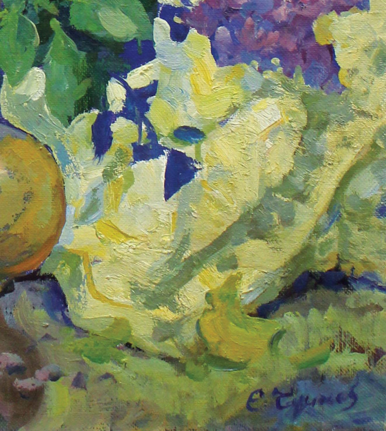 Flieder und Lilien aus Seidenholz – Painting von Evgeni Chuikov