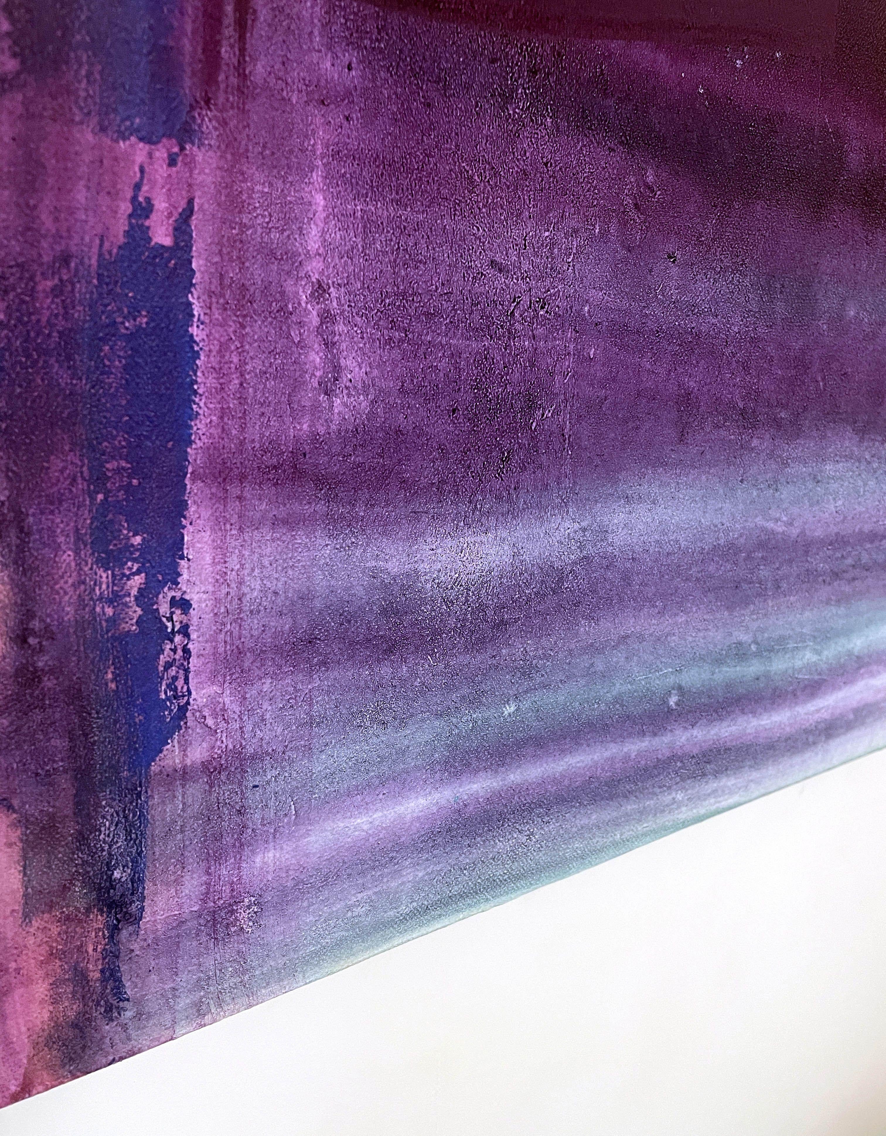 Original minimalistic abstract painting.   The shades of purple, emerald in combination with orange and spray paint burgundy line.    DIMENSIONS : 70 X 90 cm    DETAILS :     - High quality acrylic, spray paint and pigments on cotton canvas  -