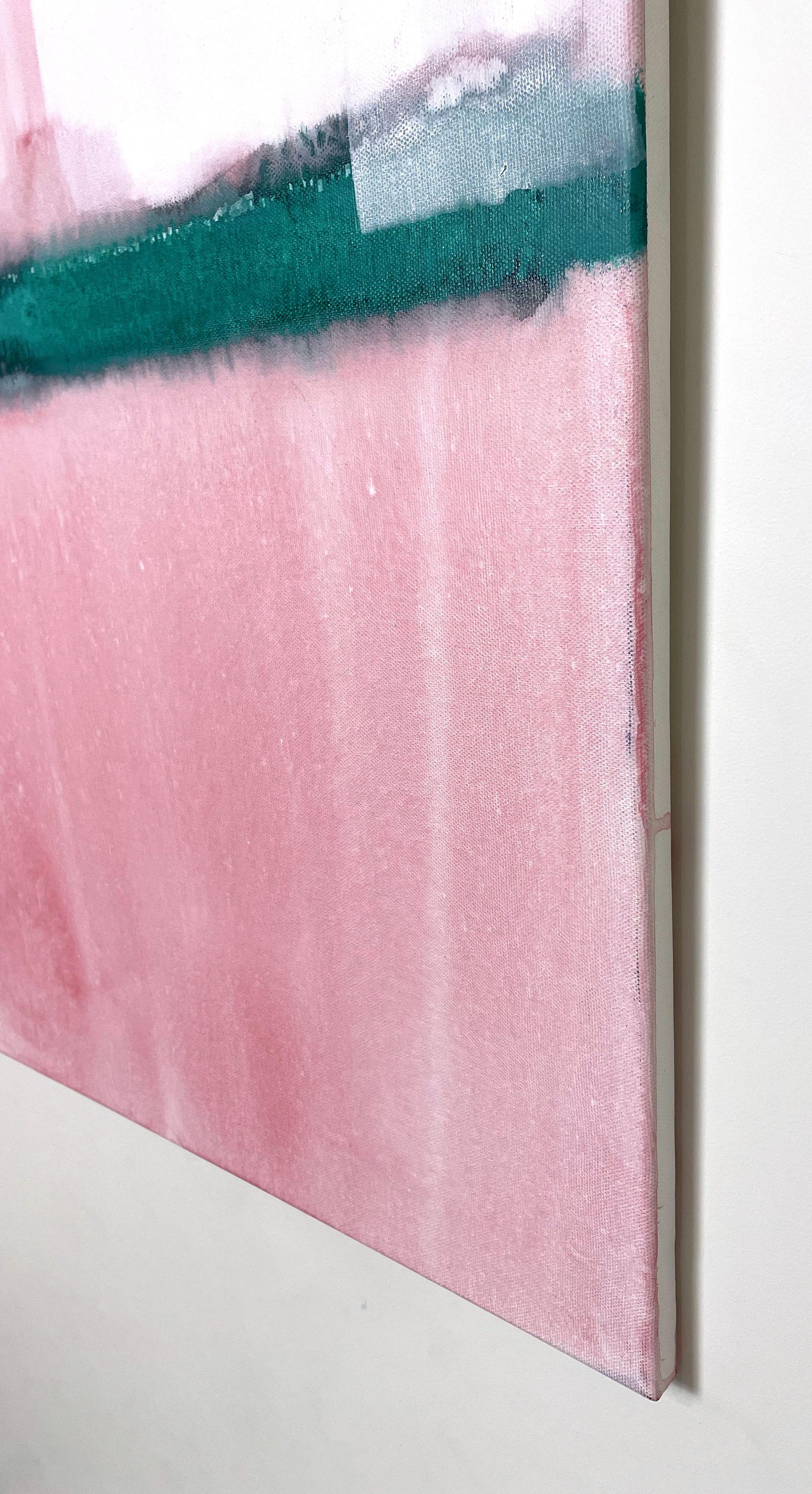 Originales minimalistisches abstraktes Gemälde. Smaragdgrüne Linie mit weißen Markierungen auf rosa Hintergrund sprühen.  Improvisation, Unbewusstes und Serendipität.    ABMESSUNGEN : 70 X 90 cm    DETAILS :     - Hochwertige Acryl- und Sprühfarbe