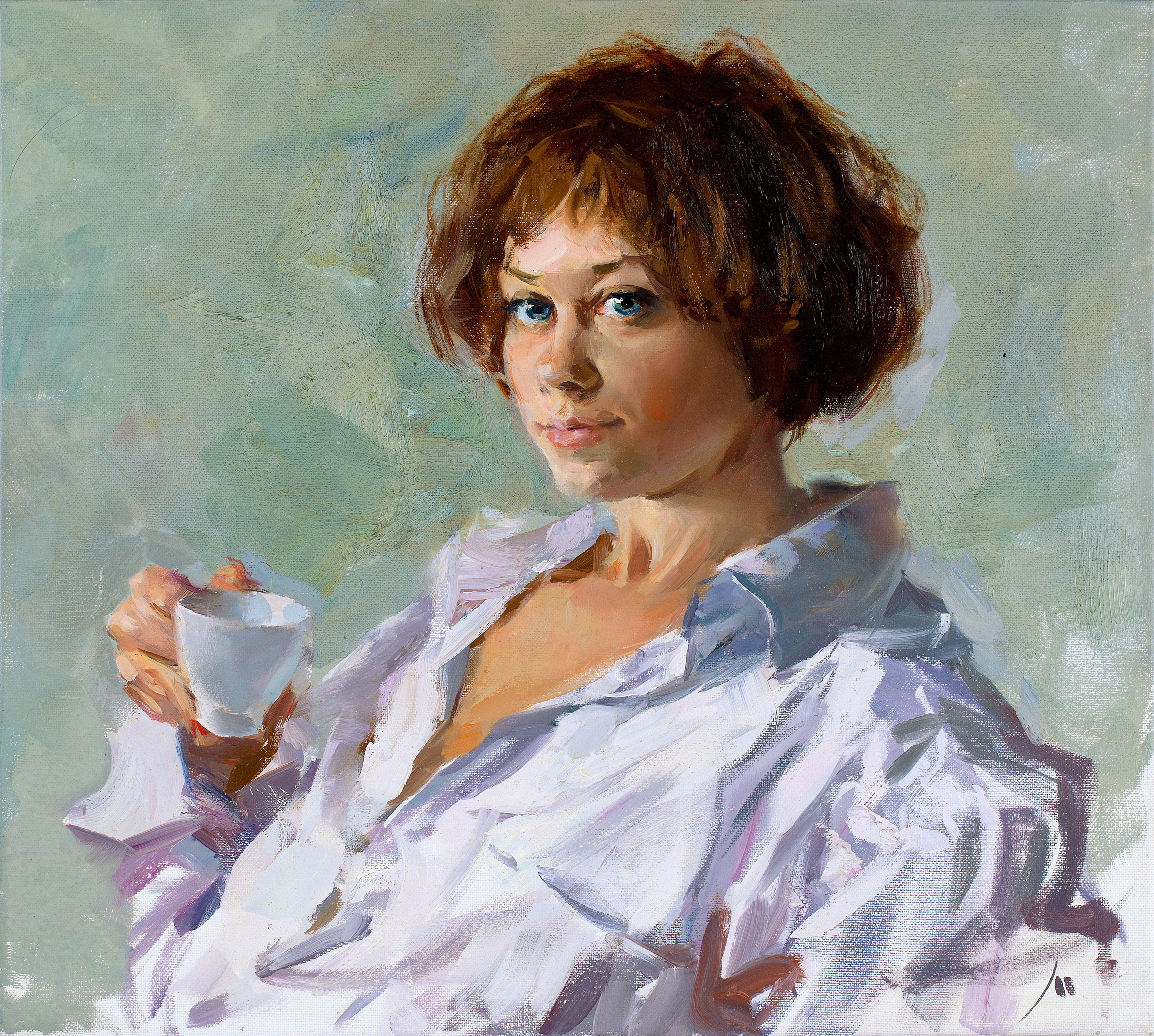 Evgeniy Monahov Portrait Painting – Morgen Kaffee mit Julia