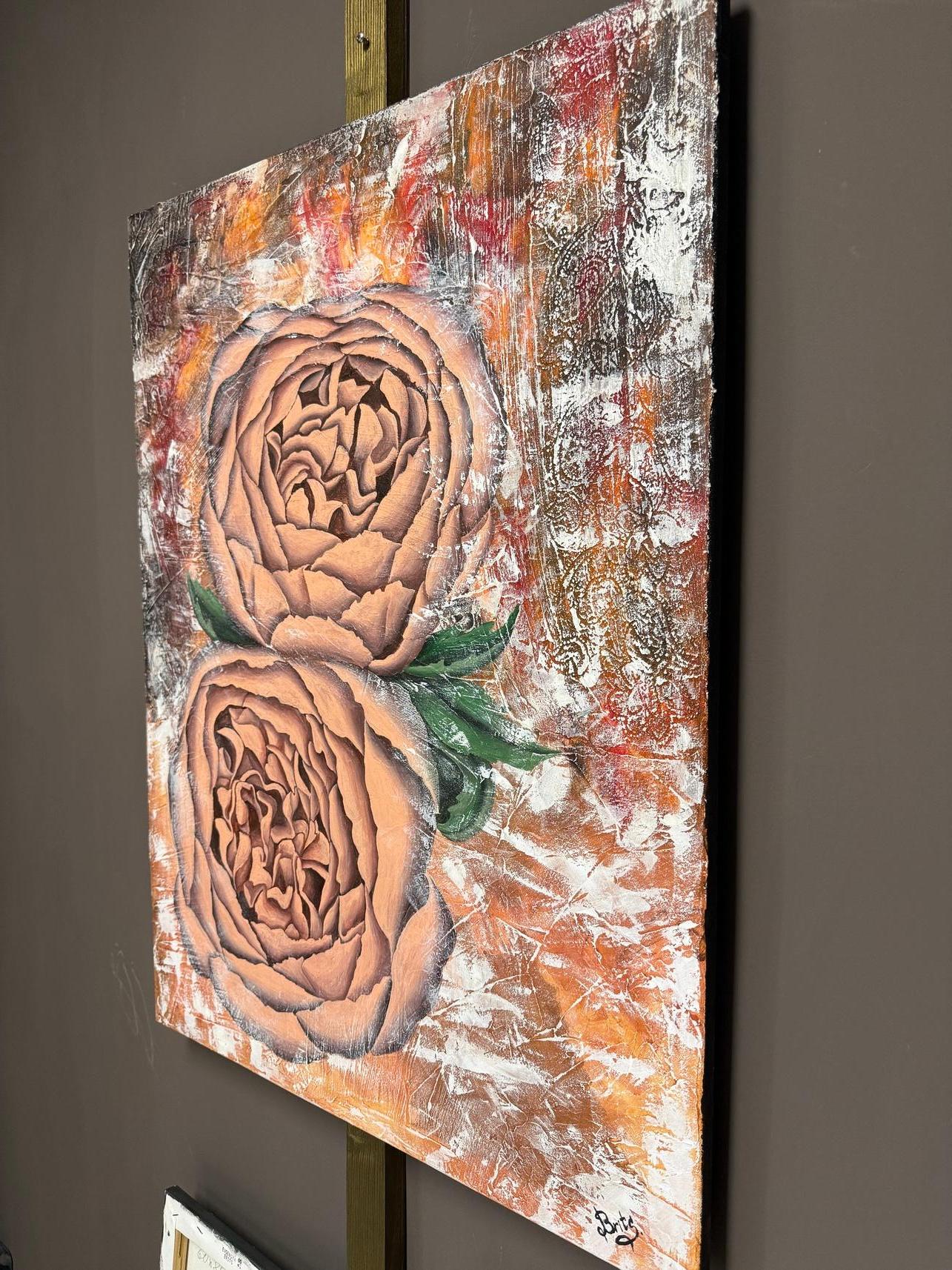  picture with 3d effect, changes color depending on the lighting, the work is done in the style of antique wall fresco.

This artwork presents a striking juxtaposition of natural elegance and geometric precision. At the center, a voluminous peony