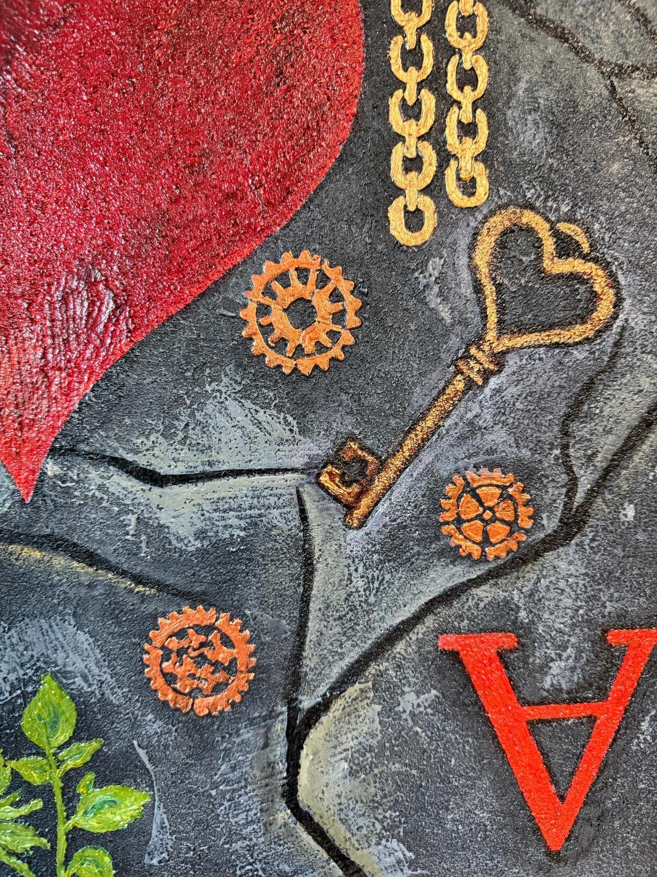 Im Mittelpunkt des Gemäldes steht ein leuchtend rotes Herz, das von Uhren, Zahnrädern und Schlüsseln umgeben ist - Symbole für das Schicksal, die Liebe und die komplizierten Mechanismen des Lebens. Die Schachfiguren stehen als Hüter der Strategie