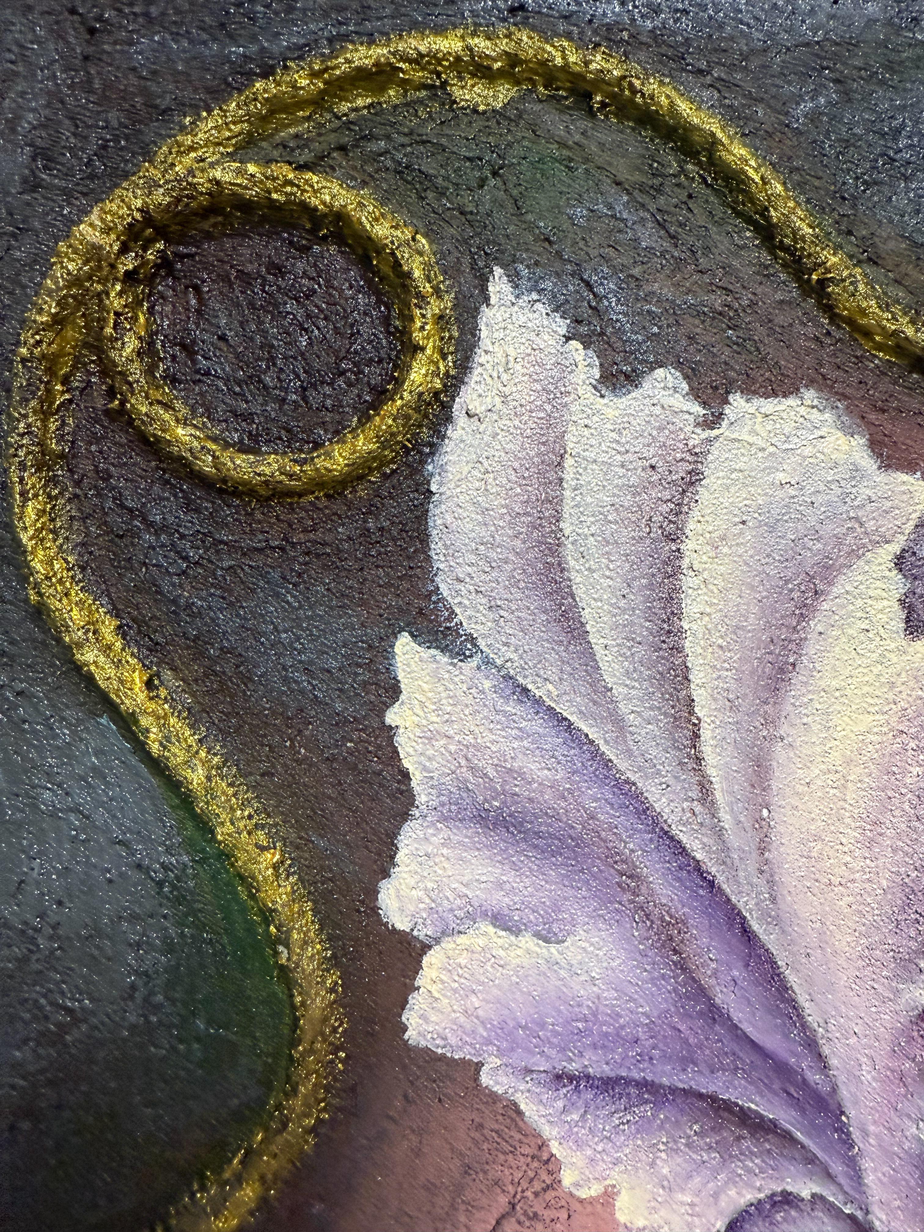 quadro con effetto 3d, cambia colore a seconda dell'illuminazione, il lavoro è realizzato nello stile dell'antico affresco murale.
Questa accattivante opera d'arte è incentrata su un fiore di iris vibrante e ricco di dettagli, che esplode con petali