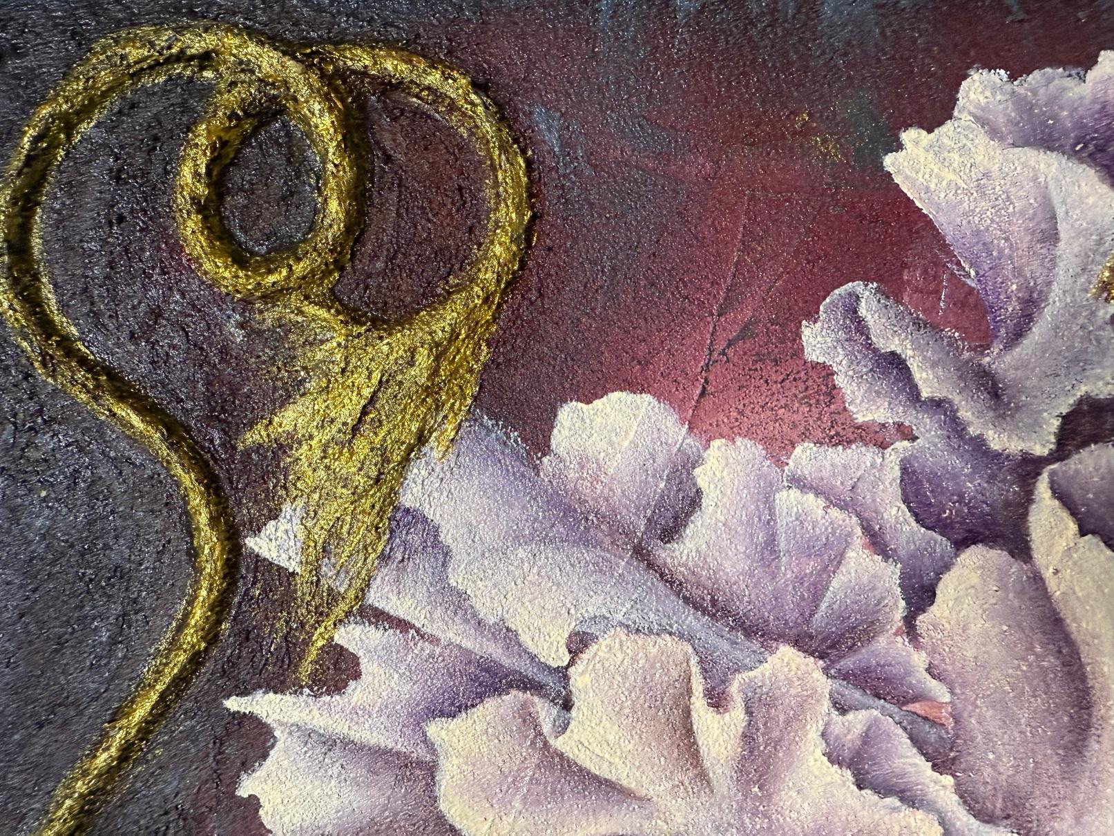 picture with 3d effect, changes color depending on the lighting, the work is done in the style of antique wall fresco.
This artwork masterfully captures a delicate, ruffled flower in full bloom, bathed in soft lilac hues that seamlessly transition