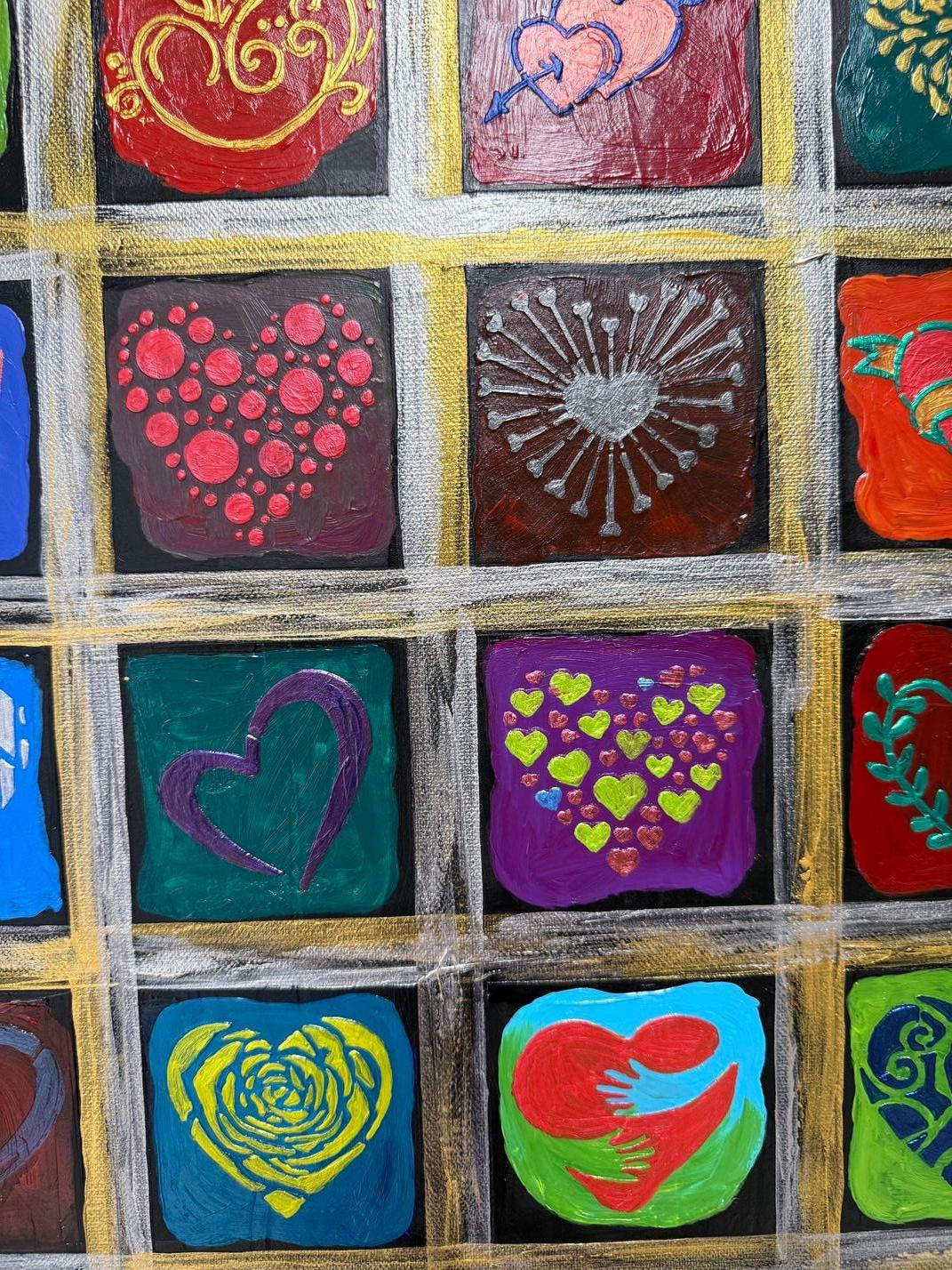  picture with 3d effect, changes color depending on the lighting, the work is done in the style of antique wall fresco.

This dynamic artwork is a vibrant grid of 36 squares, each housing a unique heart design. The piece showcases a kaleidoscope of