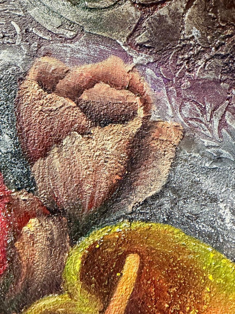 A painting in the style of an old fresco: rich, voluminous red peonies appear as if painted on an aged wall, featuring subtle cracks, worn details, and ornate textures that evoke a vintage decorative mural.