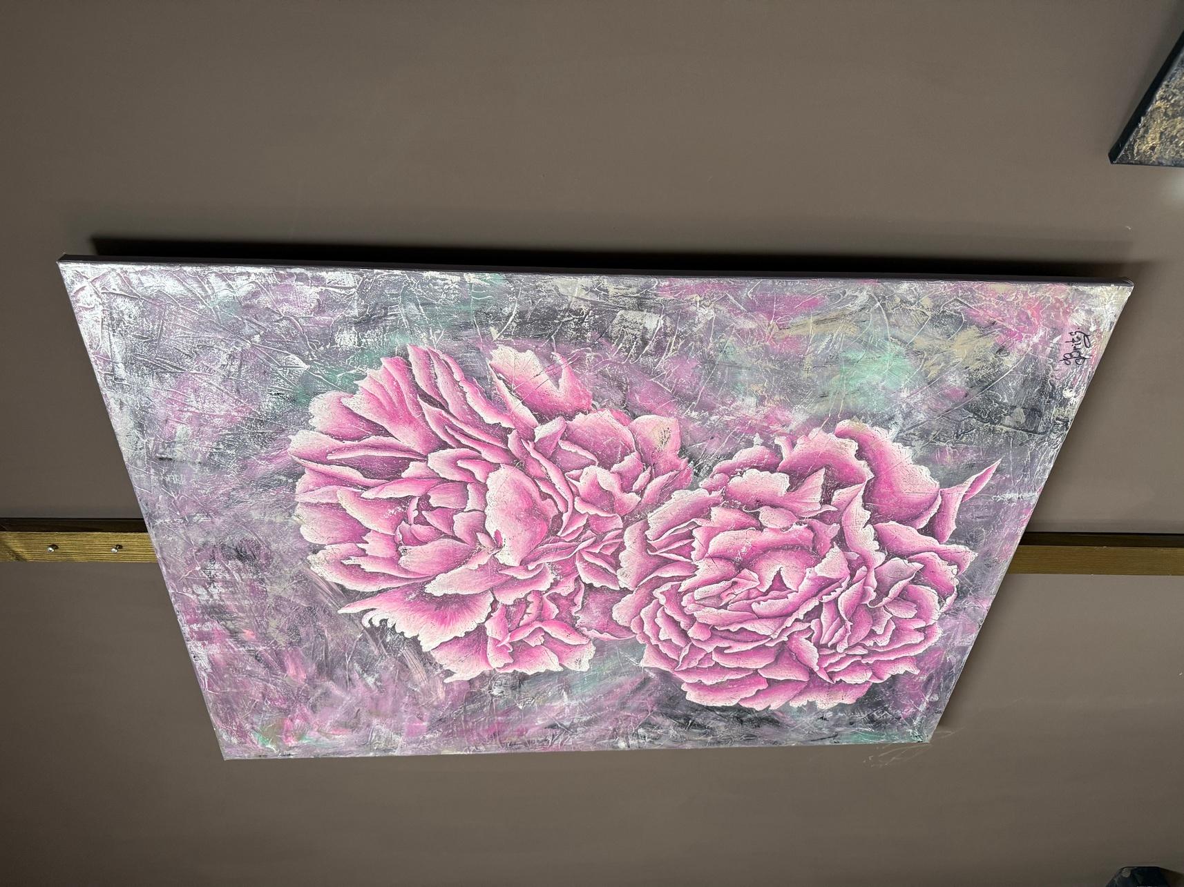 Pink Peonies (Braun), Abstract Painting, von Evgeniya Brits