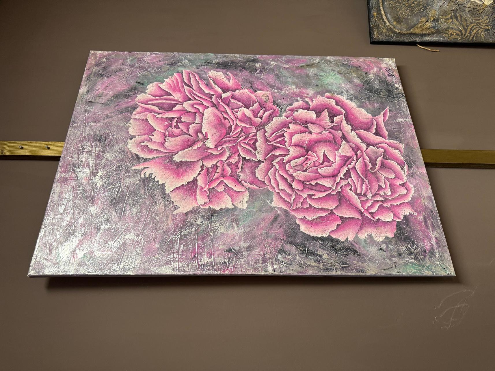 picture with 3d effect, changes color depending on the lighting, the work is done in the style of antique wall fresco.
This artwork presents a striking depiction of two luminous pink peonies, their petals meticulously layered to create a textural