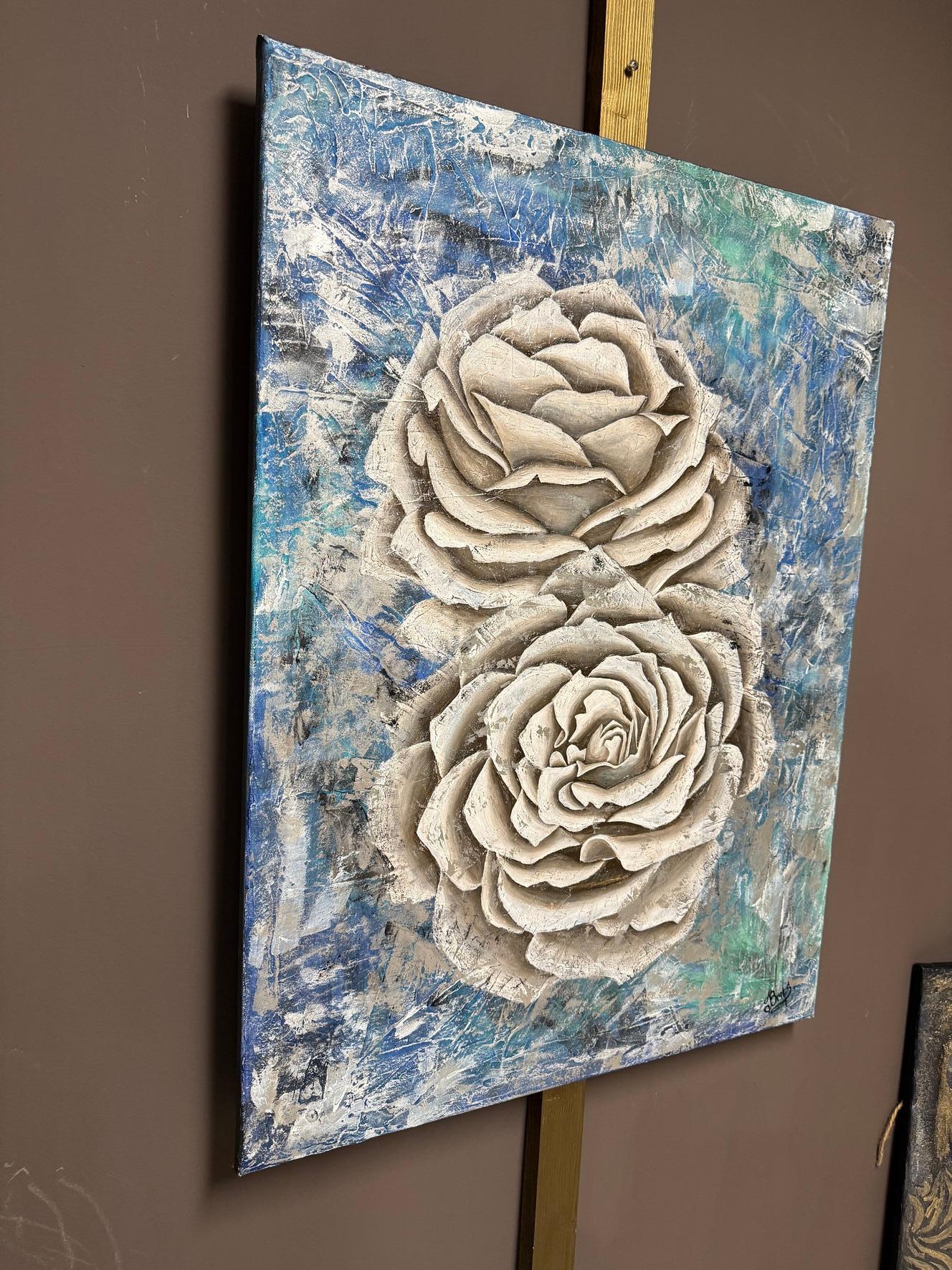 Roses in Ice - Gray Abstract Painting by Evgeniya Brits