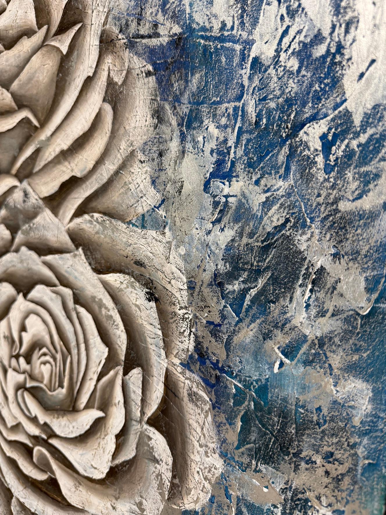  picture with 3d effect, changes color depending on the lighting, the work is done in the style of antique wall fresco.

This artwork presents a striking juxtaposition of natural elegance and geometric precision. At the center, a voluminous peony