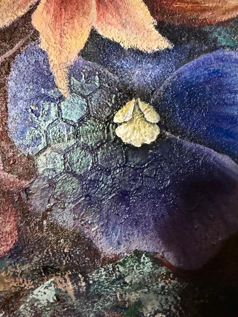 This vibrant painting unites flowers of striking contrast — a golden-yellow rose, a crimson-orange blossom, a deep violet bloom, and a radiant pink lily. Their bold colors emerge from a textured, shadowy background, symbolizing resilience, renewal,
