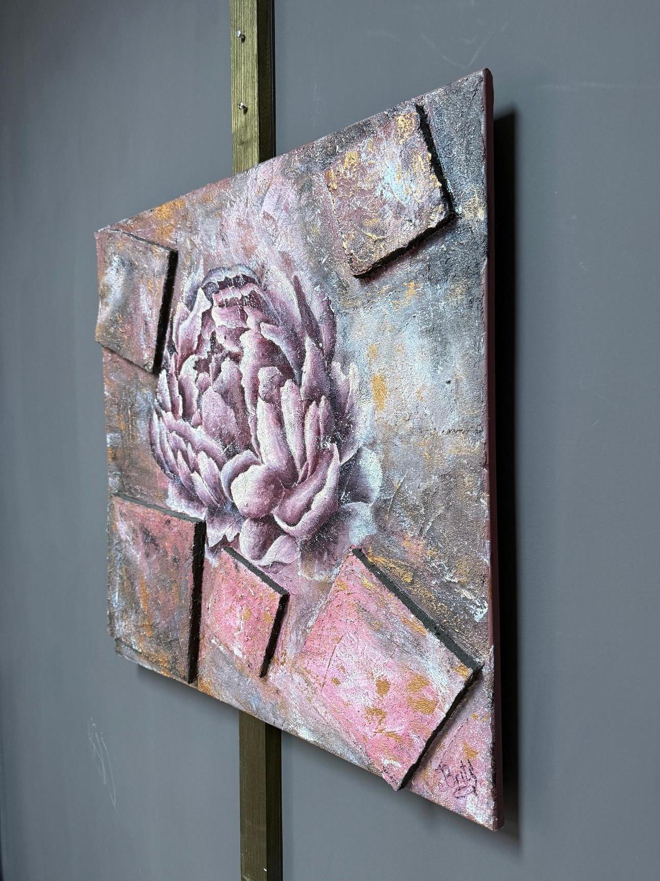 tableau avec effet 3d, change de couleur en fonction de l'éclairage, le travail est réalisé dans le style d'une fresque murale antique.
Cette œuvre d'art présente une représentation saisissante de deux pivoines roses lumineuses, dont les pétales