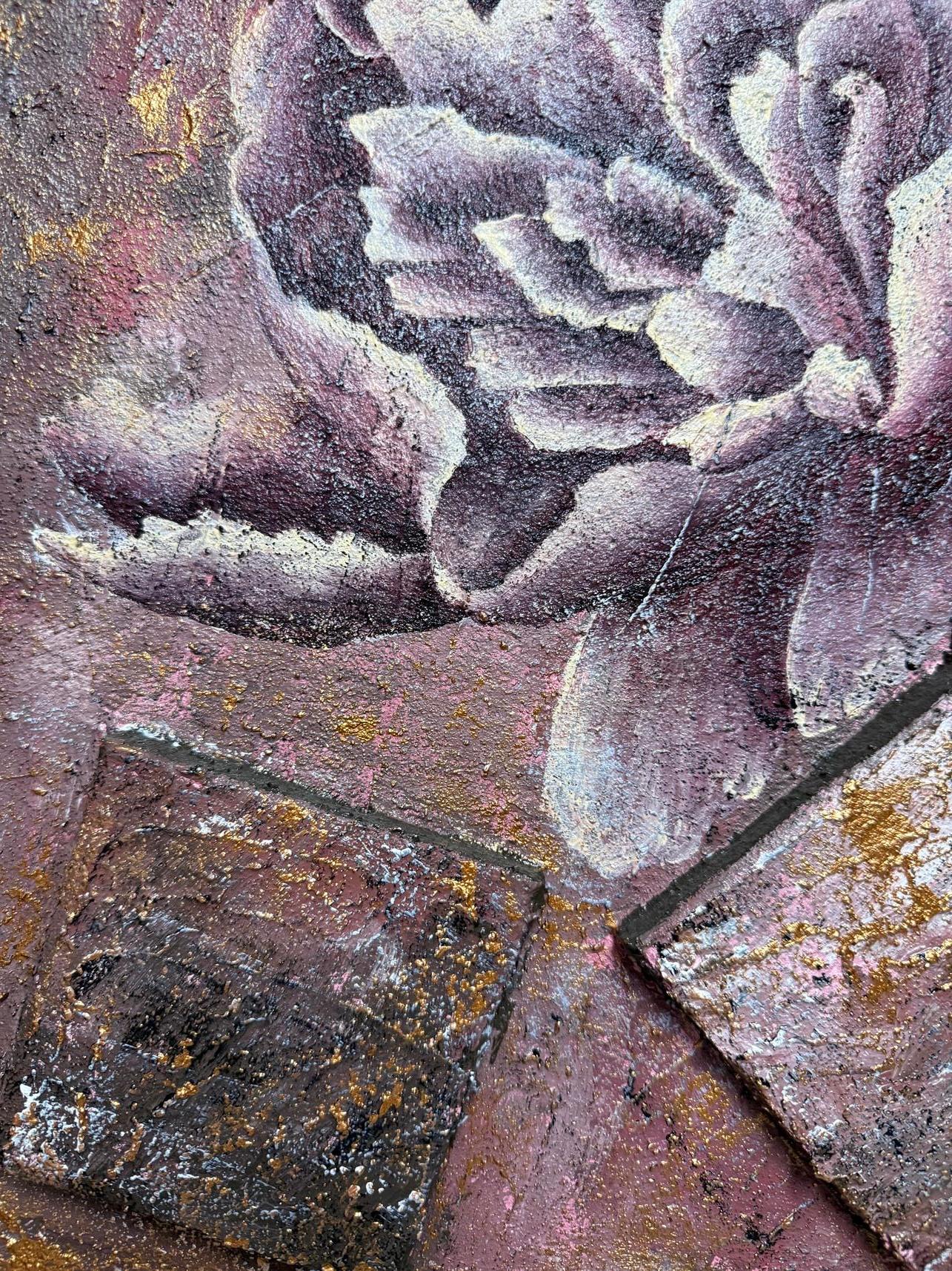  picture with 3d effect, changes color depending on the lighting, the work is done in the style of antique wall fresco.

This artwork presents a striking juxtaposition of natural elegance and geometric precision. At the center, a voluminous peony