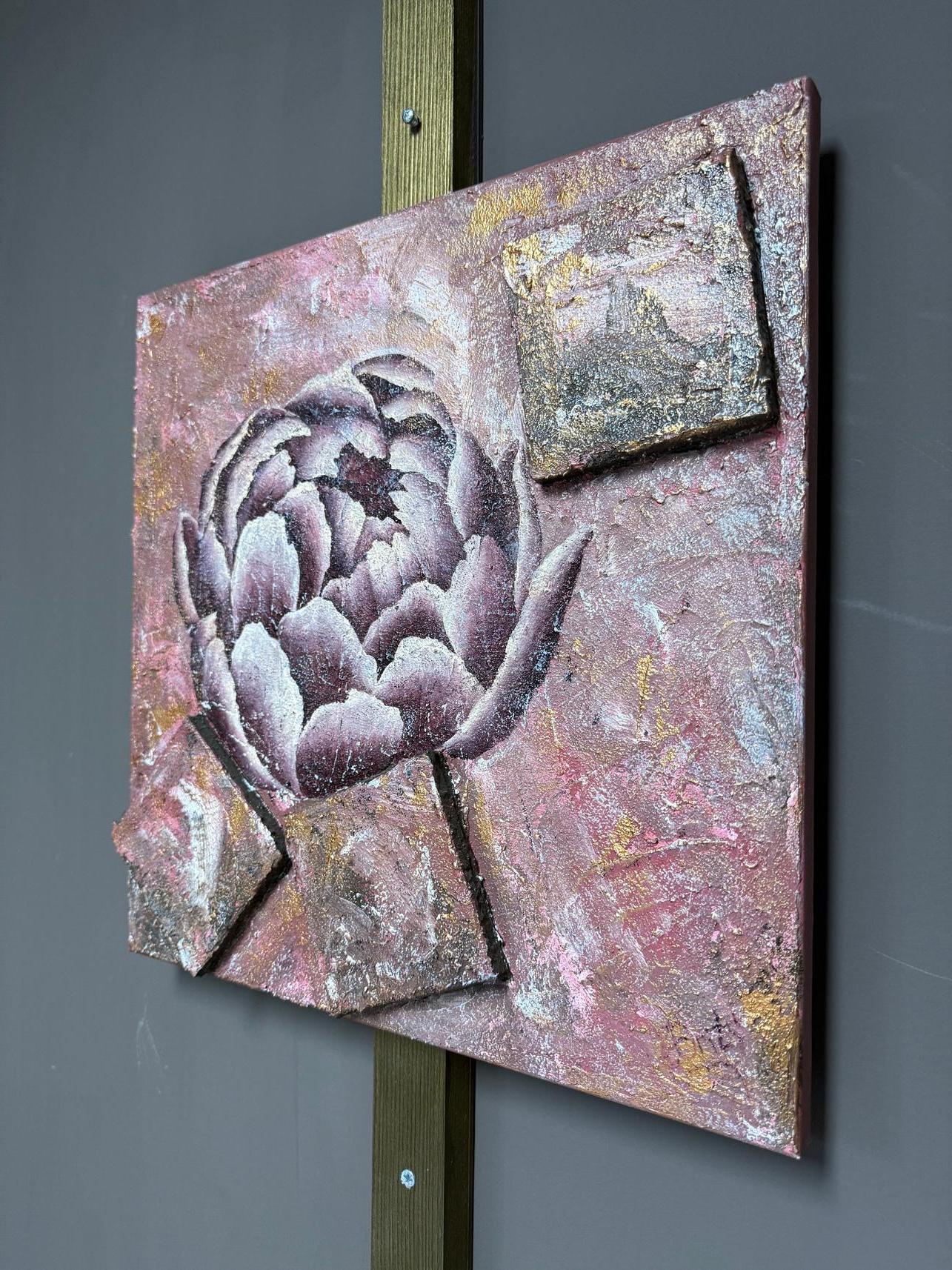  picture with 3d effect, changes color depending on the lighting, the work is done in the style of antique wall fresco.

This artwork presents a striking juxtaposition of natural elegance and geometric precision. At the center, a voluminous peony