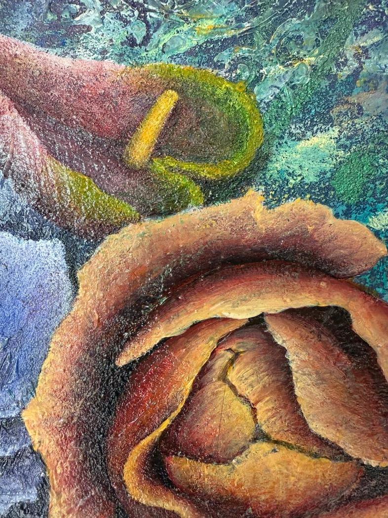 This painting captures the beauty and mystery of nature. Each flower seems to hold its own story — roses in warm shades of red and gold, tender anthuriums with heart-shaped petals, and a delicate iris-like bloom in silver-violet tones. Together,