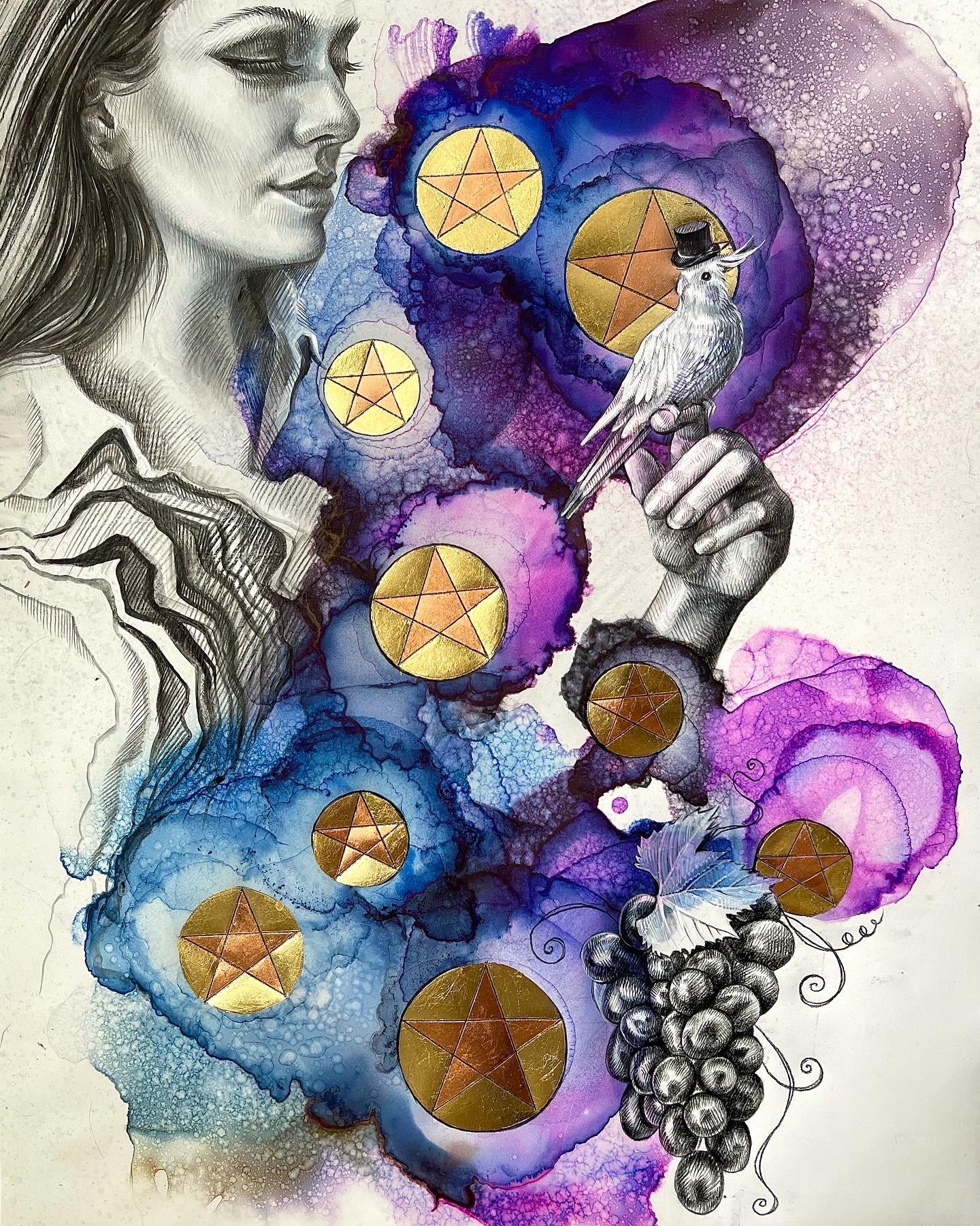 Magic Realism Figurative Artwork, "Abundance (Nine of Pentacles)" - Mixed Media Art by Evgeniya Golik 