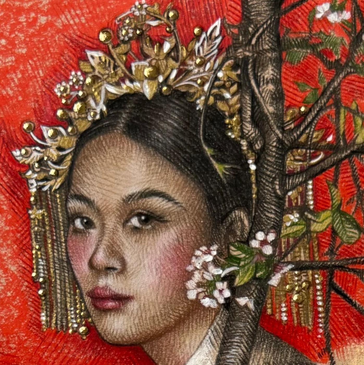 Figuratives Kunstwerk des magischen Realismus, „Blossom (Königin der Wand“)“ von Evgeniya Golik (Surrealismus), Mixed Media Art, von Evgeniya Golik 