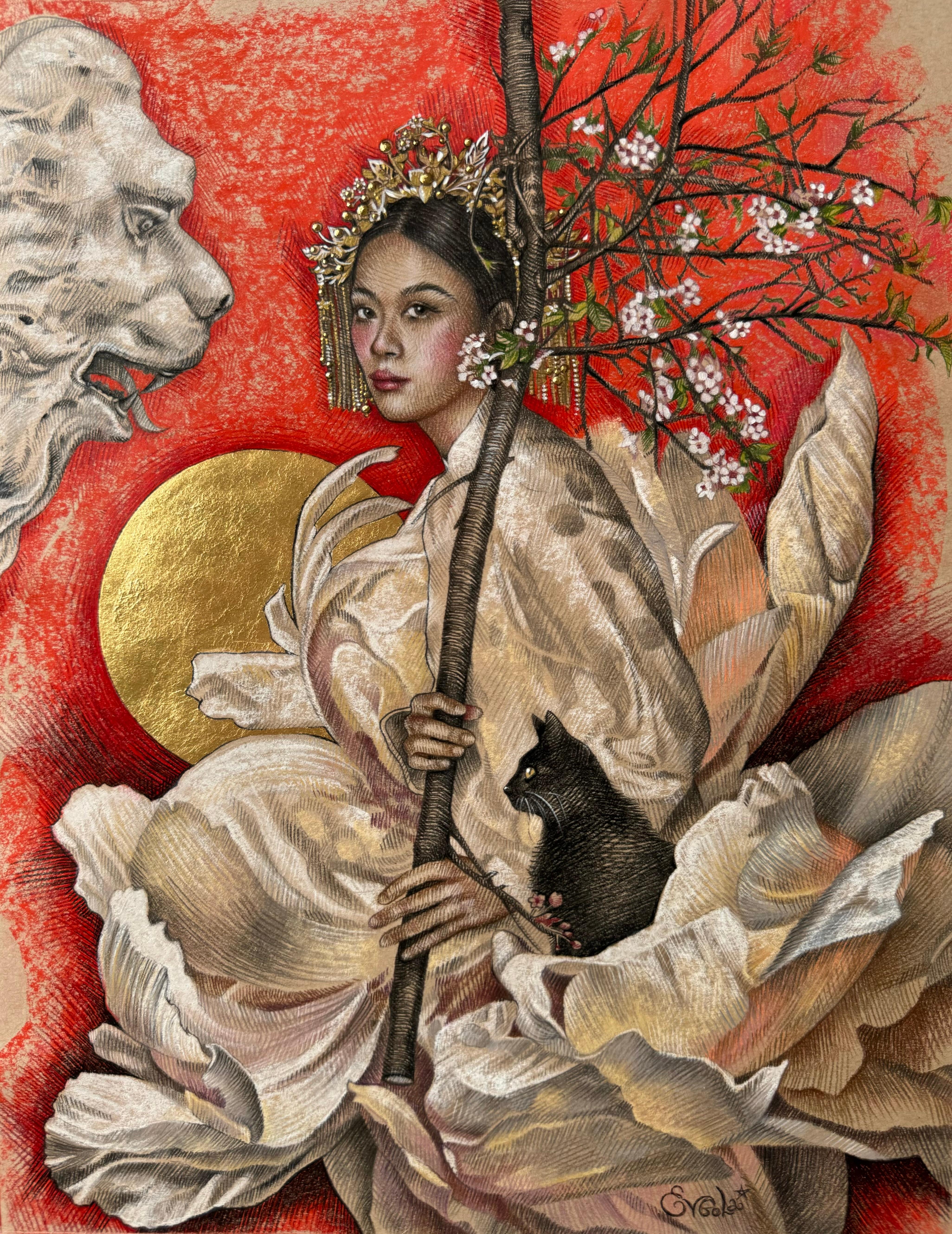 Magic Realism Figurative Artwork, "Blossom (Queen of Wands)" by Evgeniya Golik - Mixed Media Art by Evgeniya Golik 