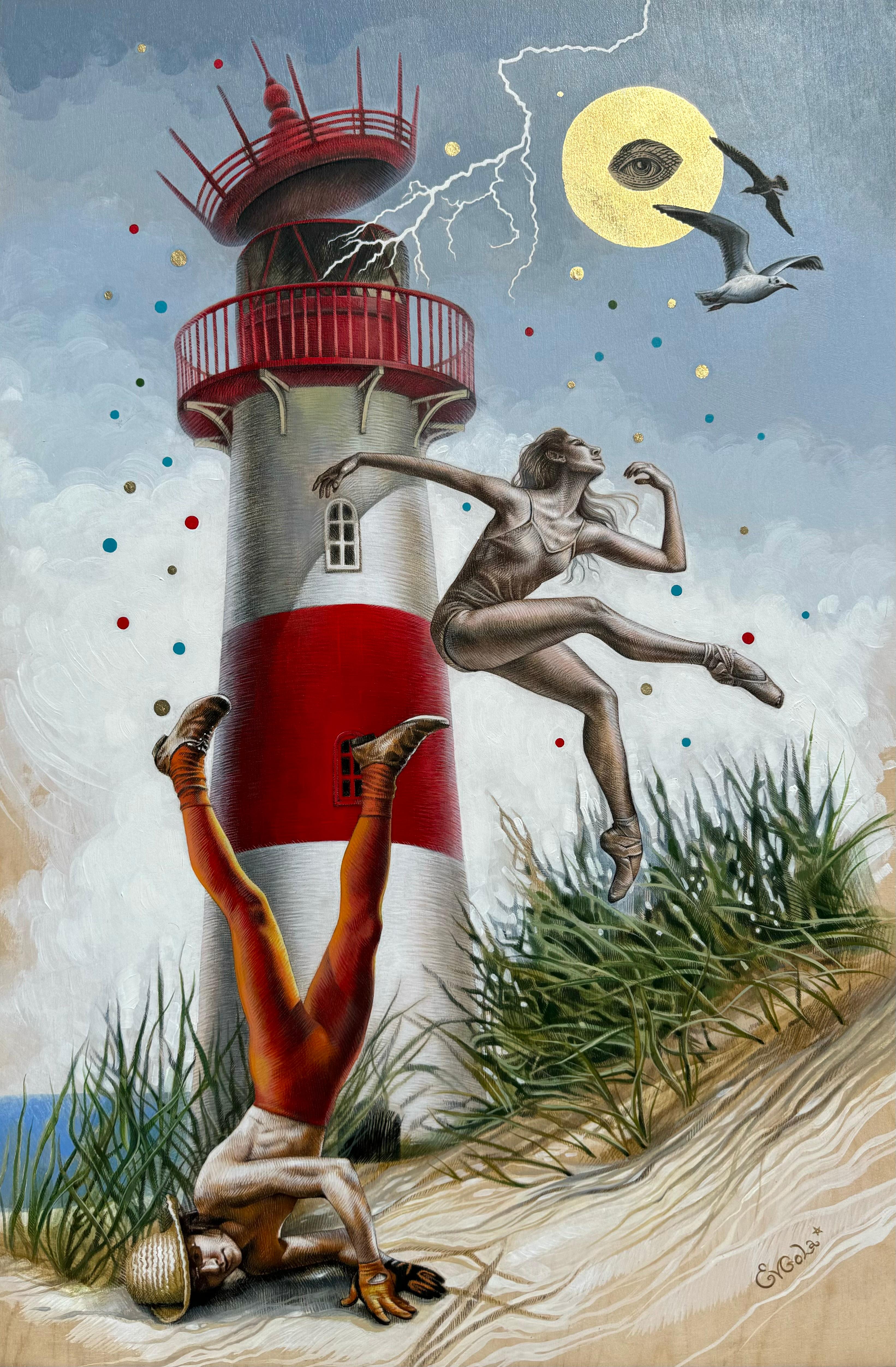 Figuratives Kunstwerk des magischen Realismus, „Grace (Der Turm)“ von Evgeniya Golik – Mixed Media Art von Evgeniya Golik 