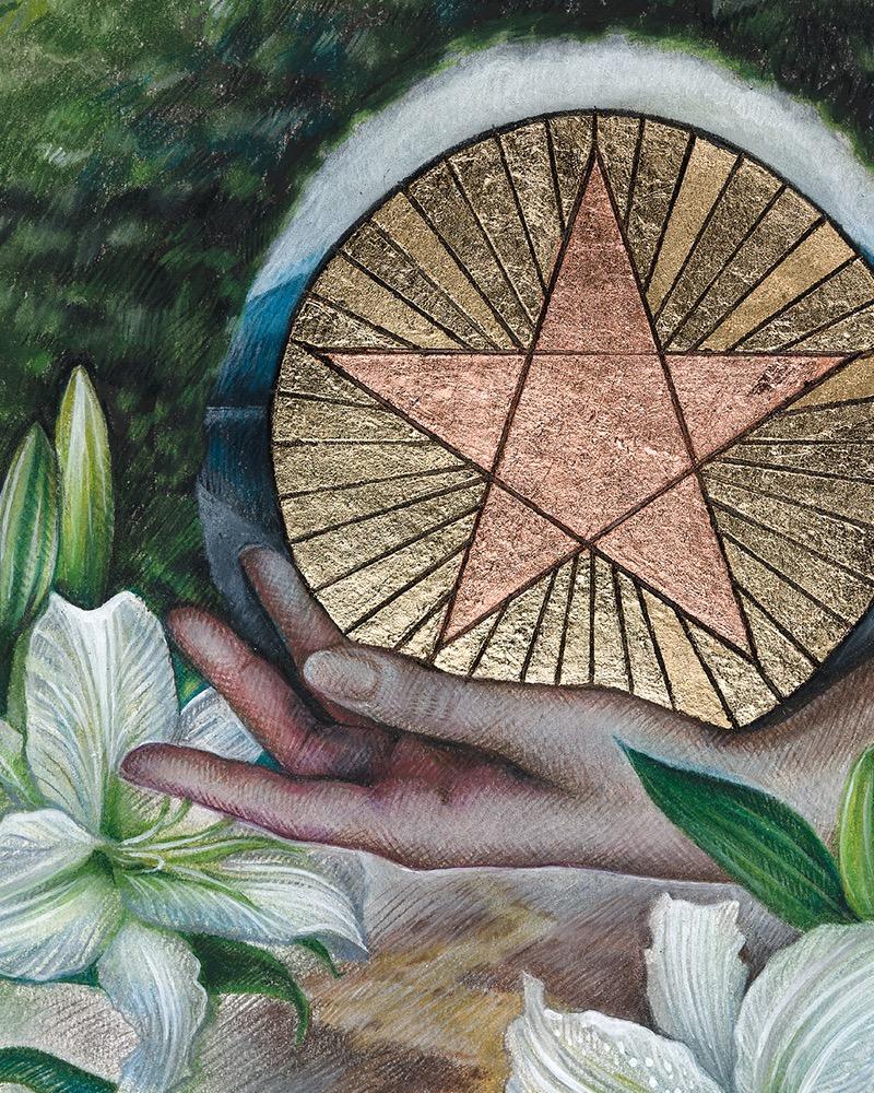 Œuvre d'art figurative du réalisme magique, « Prosperity ((Ace of Pentacles) - Surréalisme Mixed Media Art par Evgeniya Golik 
