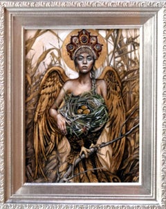 Peinture figurative surréaliste pop, « Un nid d'oiseau de feu »