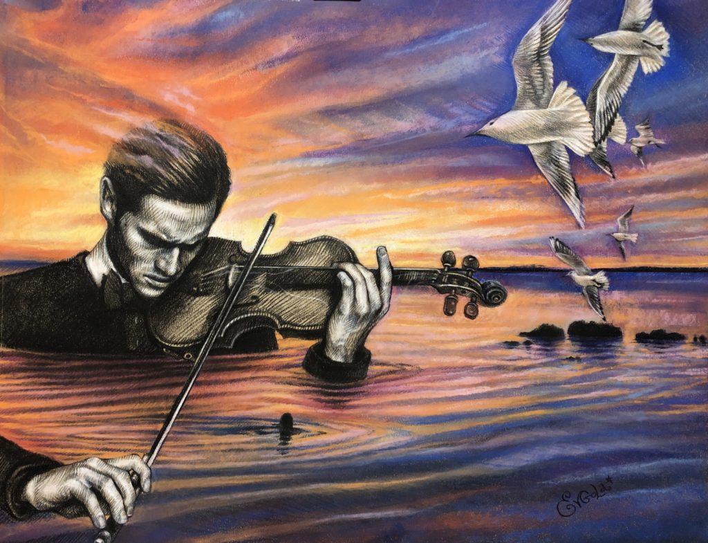 Figurative Painting di Evgeniya Golik  - Opera d'arte figurativa di realismo magico, "L'aria su una corda G" di Evgeniya Golik