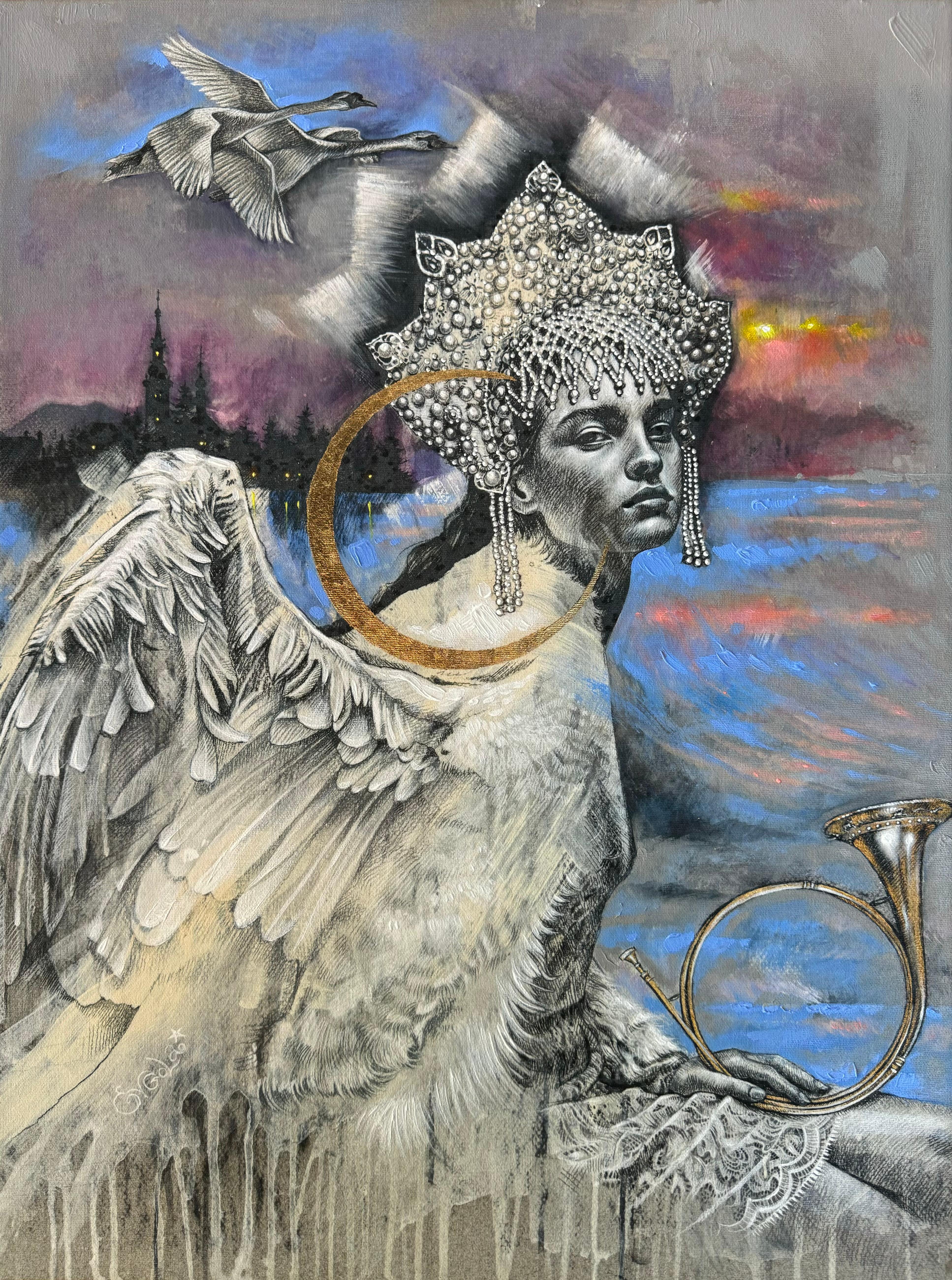 Evgeniya Golik  Figurative Print - Magic Realism Figurative Artwork, "Swan Song" by Evgeniya Golik