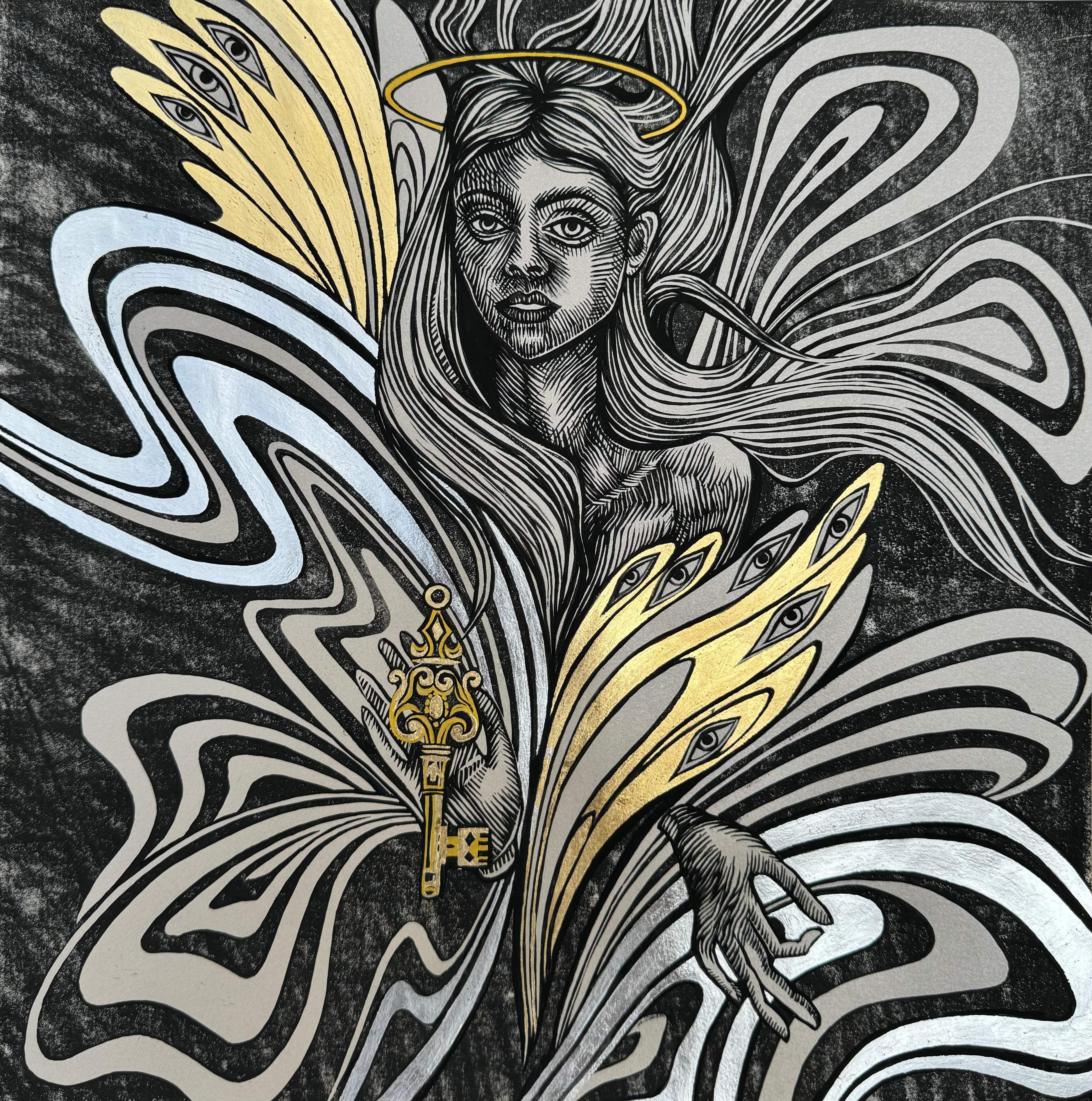 A 12” x 12” x .75" Surrealism Figurative Artwork by artist Evgeniya Golik. This piece is Handmade Linocut Print with Gold and Silver Leaf on Pearl Paper. A certificate of authenticity will accompany the piece upon its purchase or delivery.