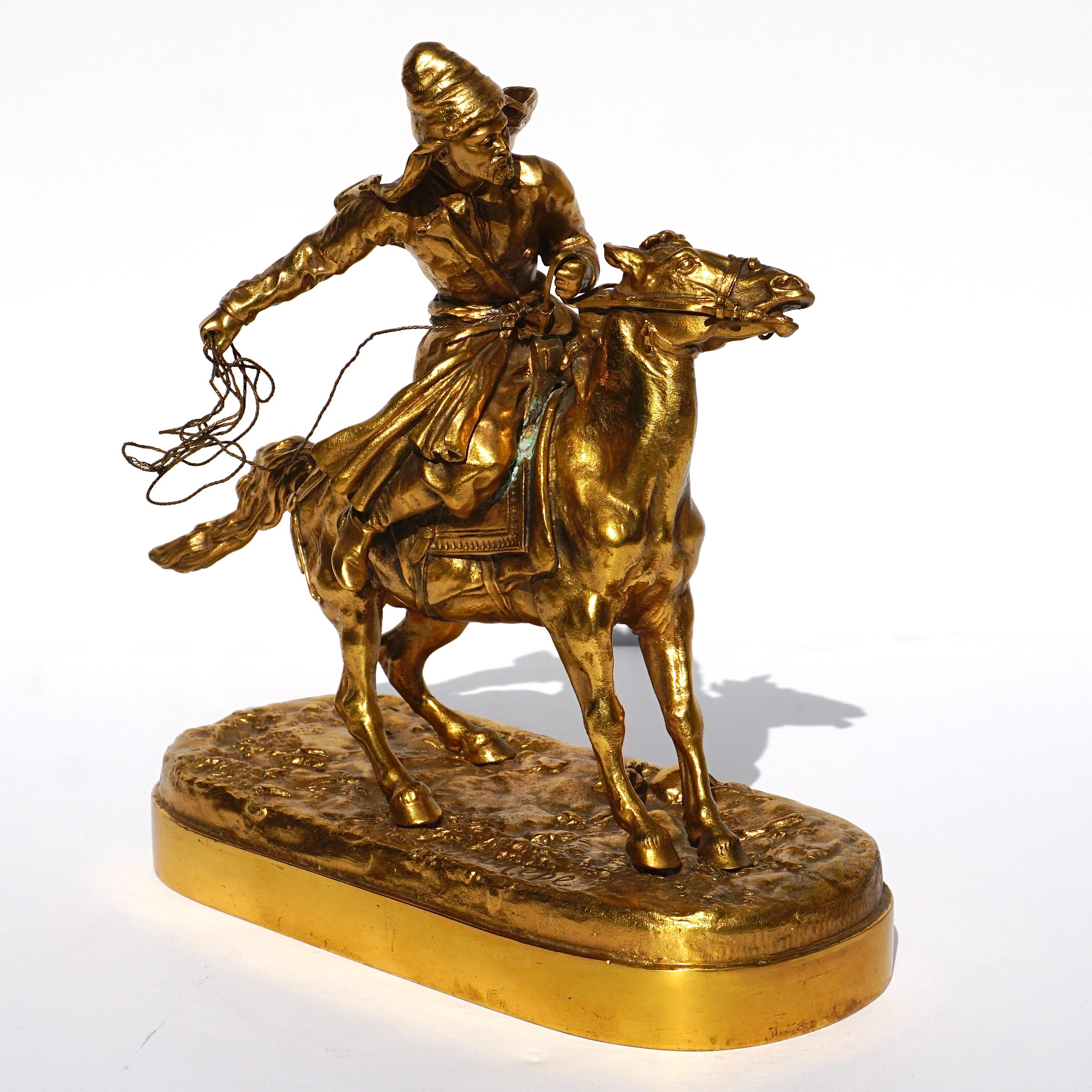 Evgeny Alexandrovich Lanceray (Russian, 1848-1886)
19th Century, Possibly post humus
Cossack on Horseback
Gilt bronze
signed in Cyrillic

Measures: Height 8 3/4 x width 8 3/4 inches.

Property from the Estate of Henri E. Nelson, Chicago,