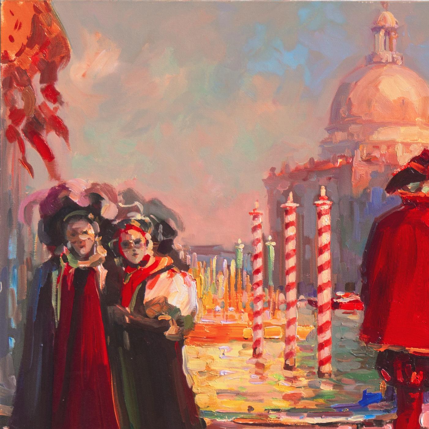 'Bal Masque, Venecia', Vedute veneciana, Santa Maria della Salute, Mascarada, Óleo - Figurative Painting Marrón de Evgeny & Lydia Baranov