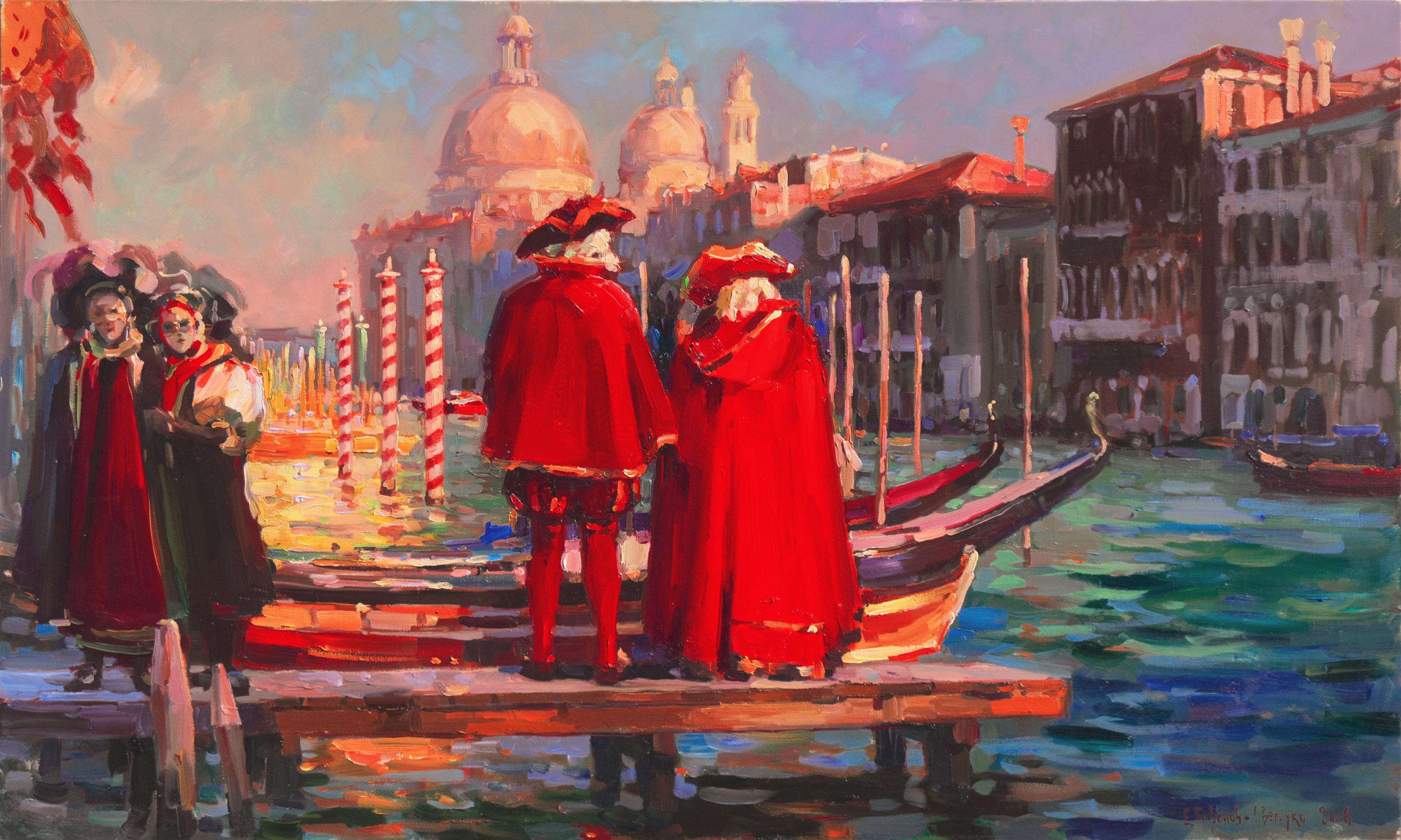 Evgeny & Lydia Baranov Figurative Painting - 'Bal Masque, Venice', Venetian Vedute, Santa Maria della Salute, Masquerade, Oil