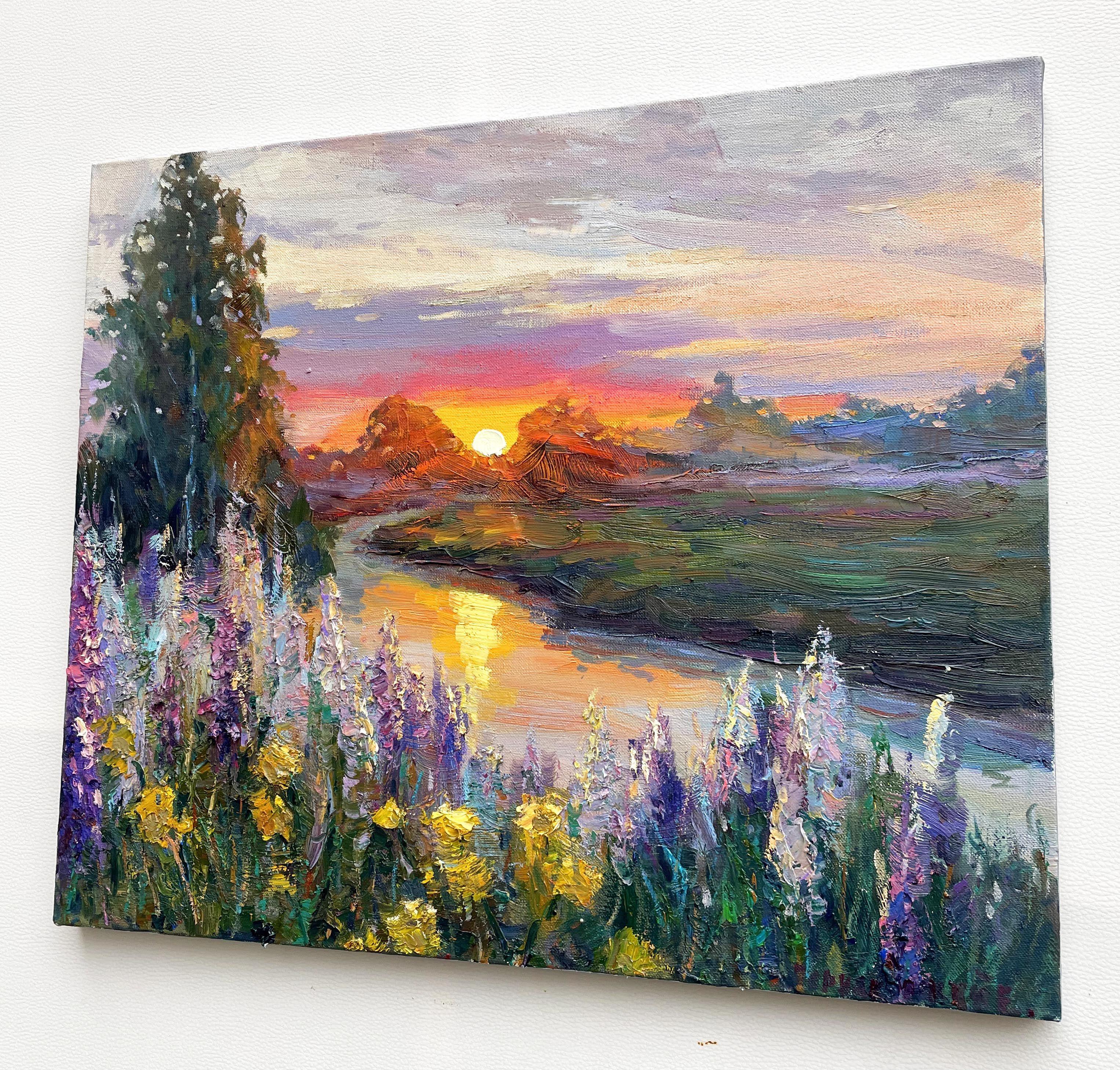 Sunset by the river, Painting, Oil on Canvas For Sale 2