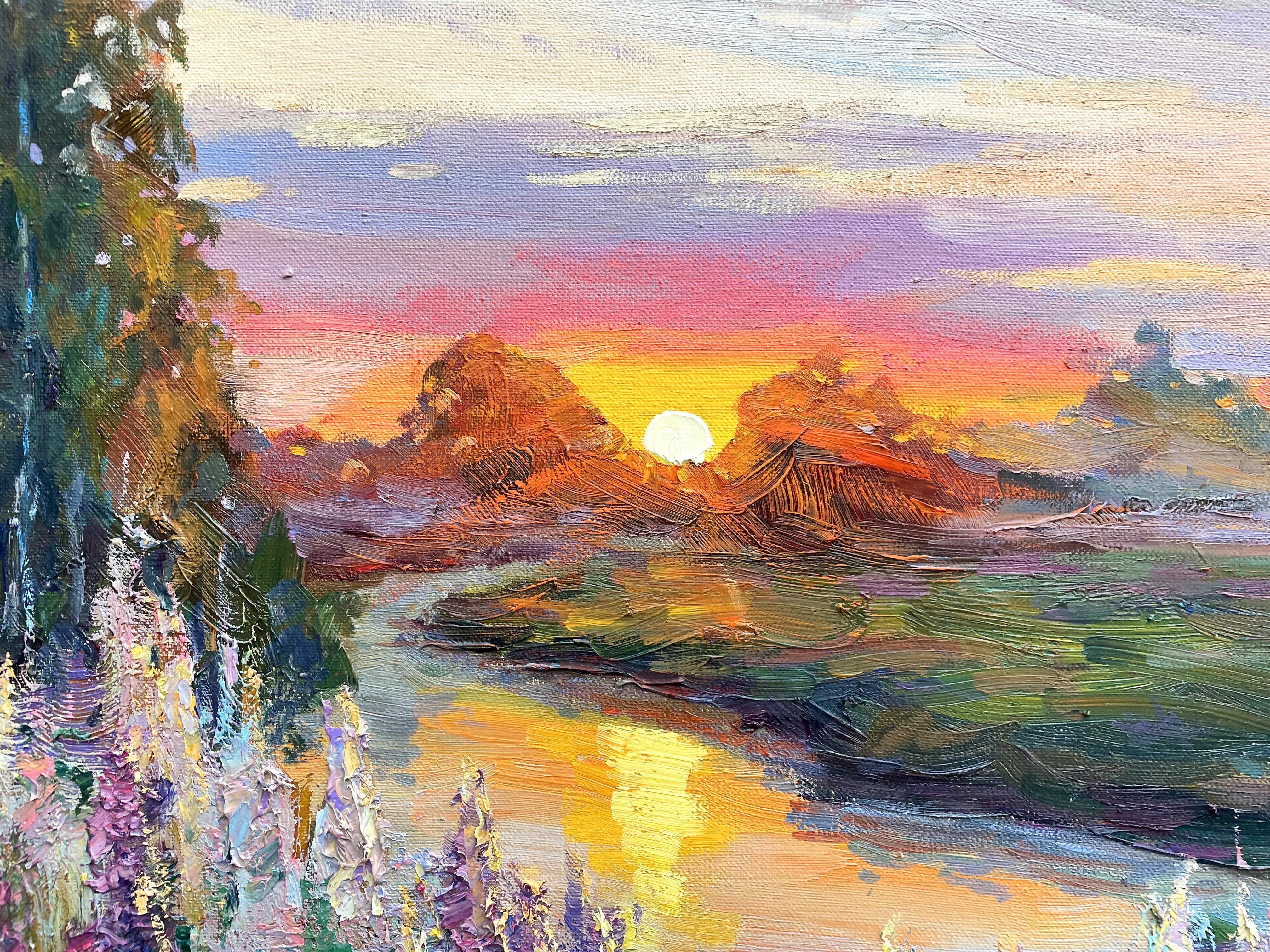 Sunset by the river, Painting, Oil on Canvas For Sale 3