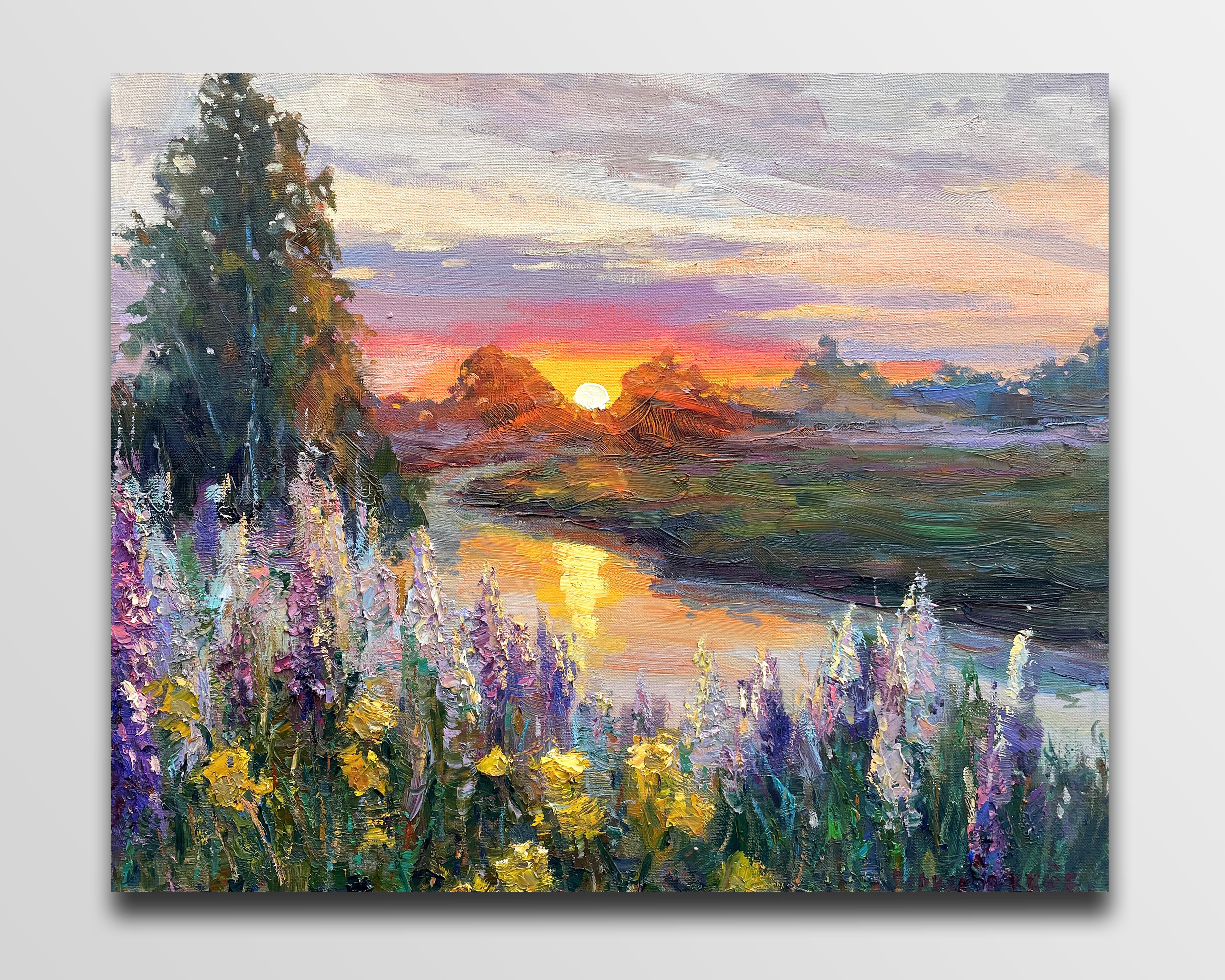 Original Oil painting by Ukrainian artist Evgeny Chernyakovsky    "Sunset by the river"  50.0 X 60.0 CM / 19.6 X 23.6IN  HIGH QUALITY oil on canvas  Signed on the front and back  Dated 2022  Good condition  GUARANTEE OF AUTHENTICITY :: Painting ::