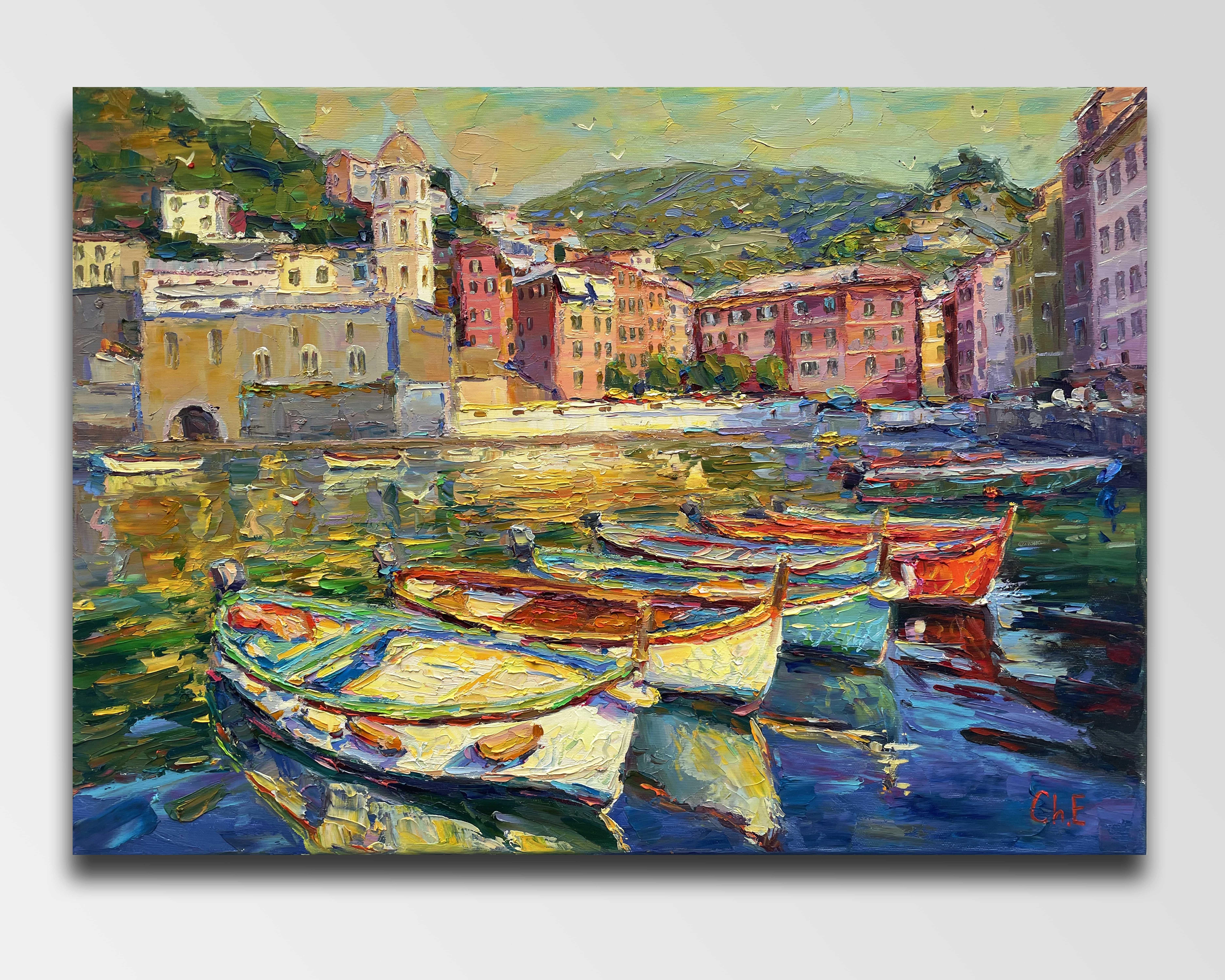 Evgeny Chernyakovsky Landscape Painting - "Boats at the pier"