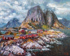 Evening City of Norway, Impressionist Landscape Painting, Oil on Canvas