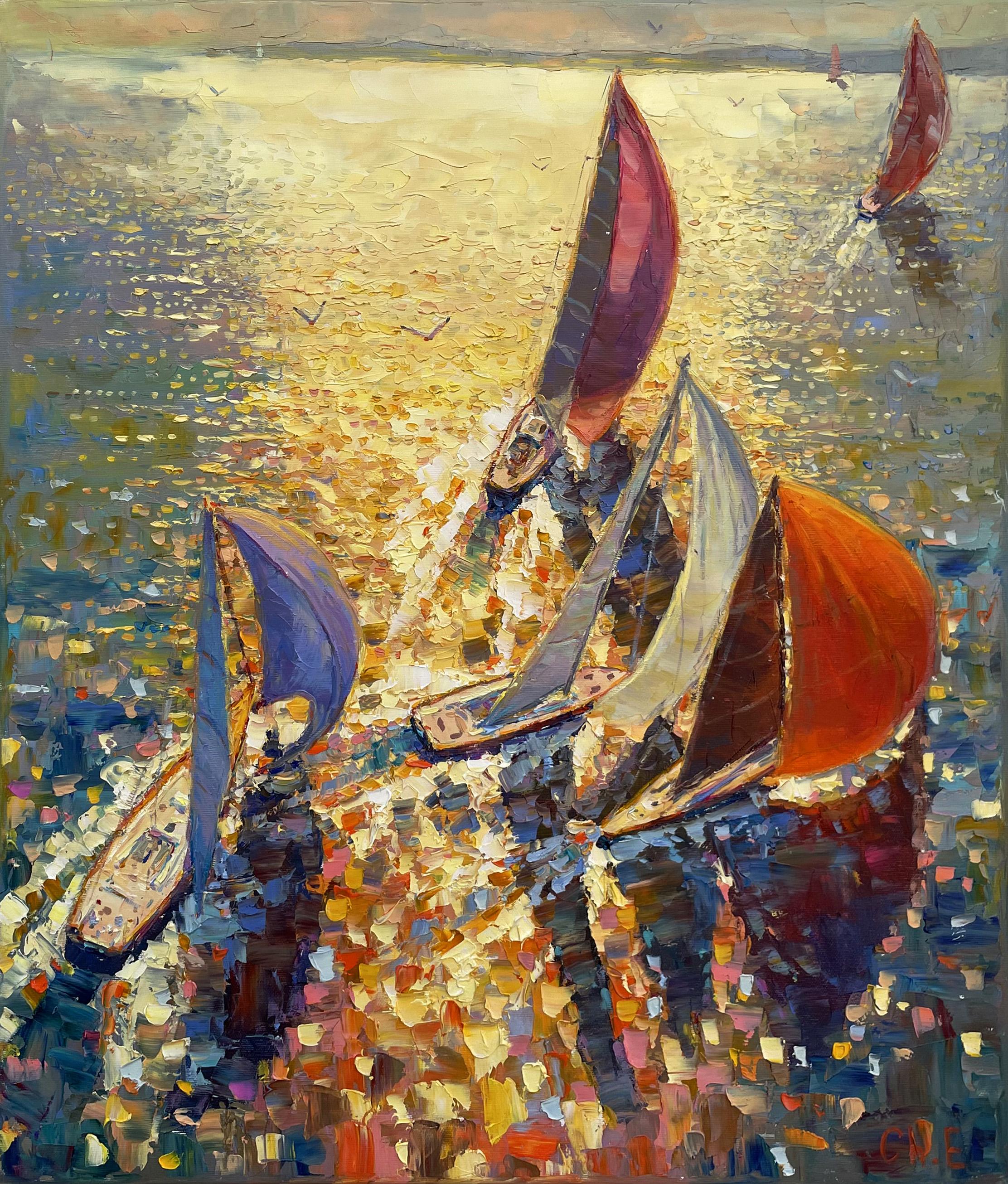 Evgeny Chernyakovsky Landscape Painting – "Segelboote in der Morgendämmerung"