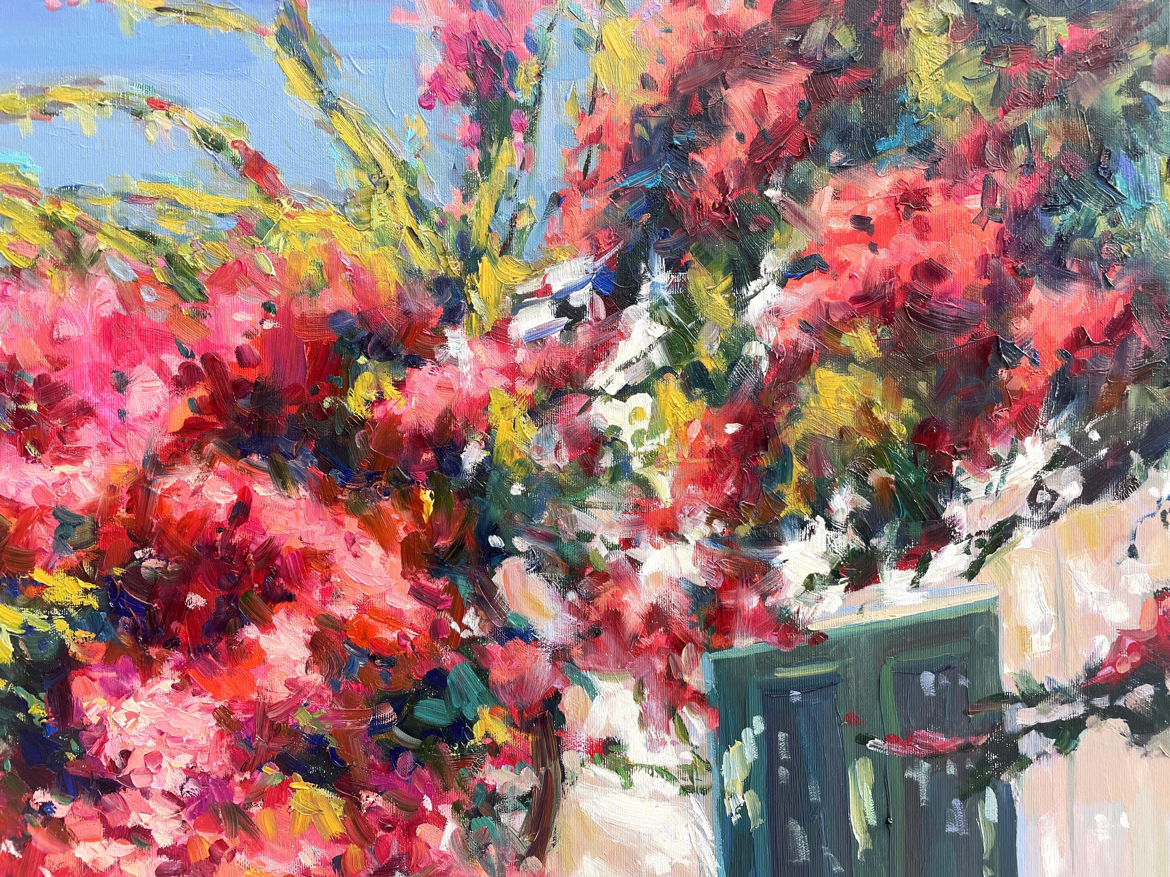 Patio florido de Grecia, Pintura, Óleo sobre lienzo en venta 1