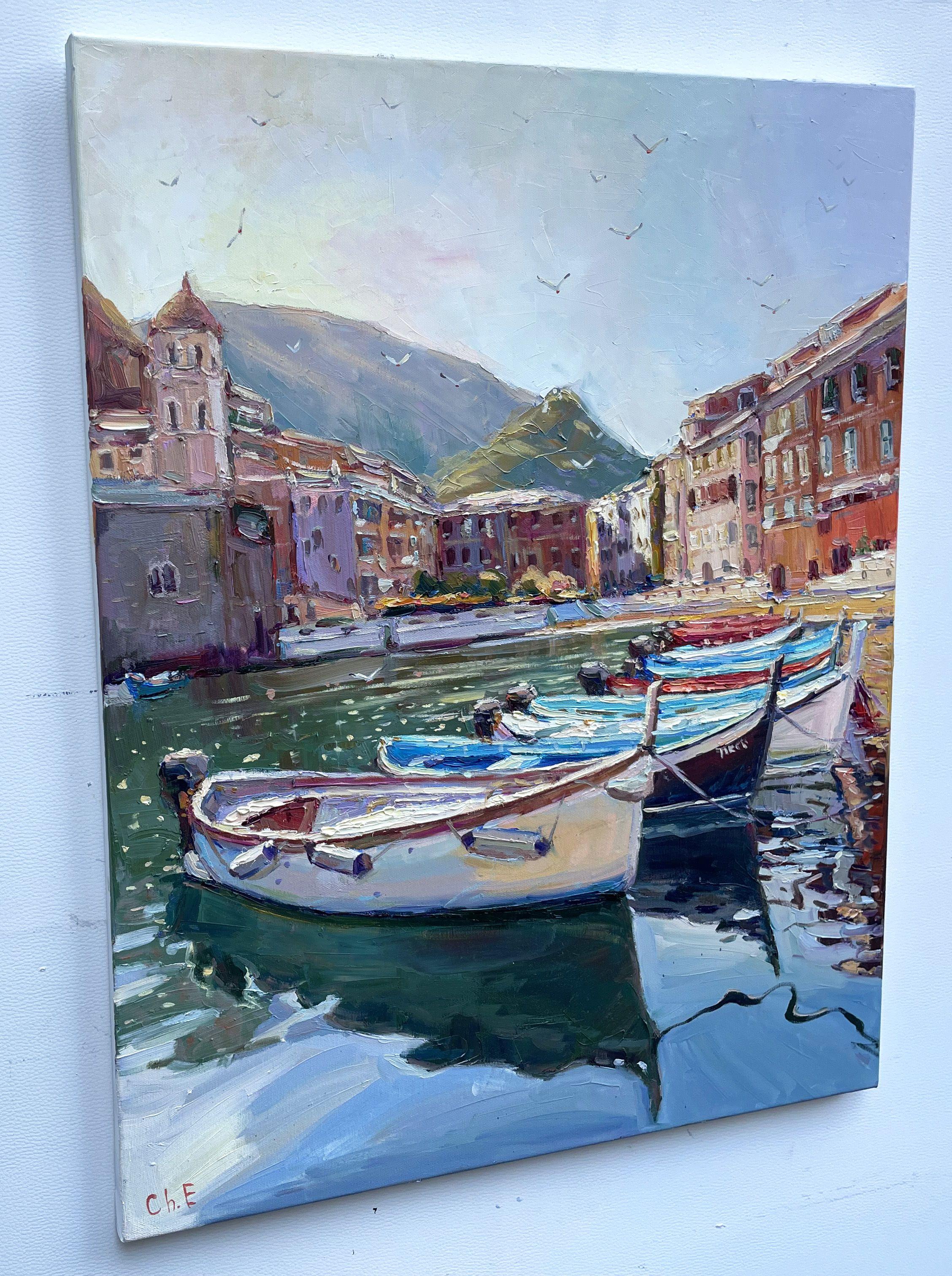Boats at the Dock, Gemälde, Öl auf Leinwand (Impressionismus), Painting, von Evgeny Chernyakovsky