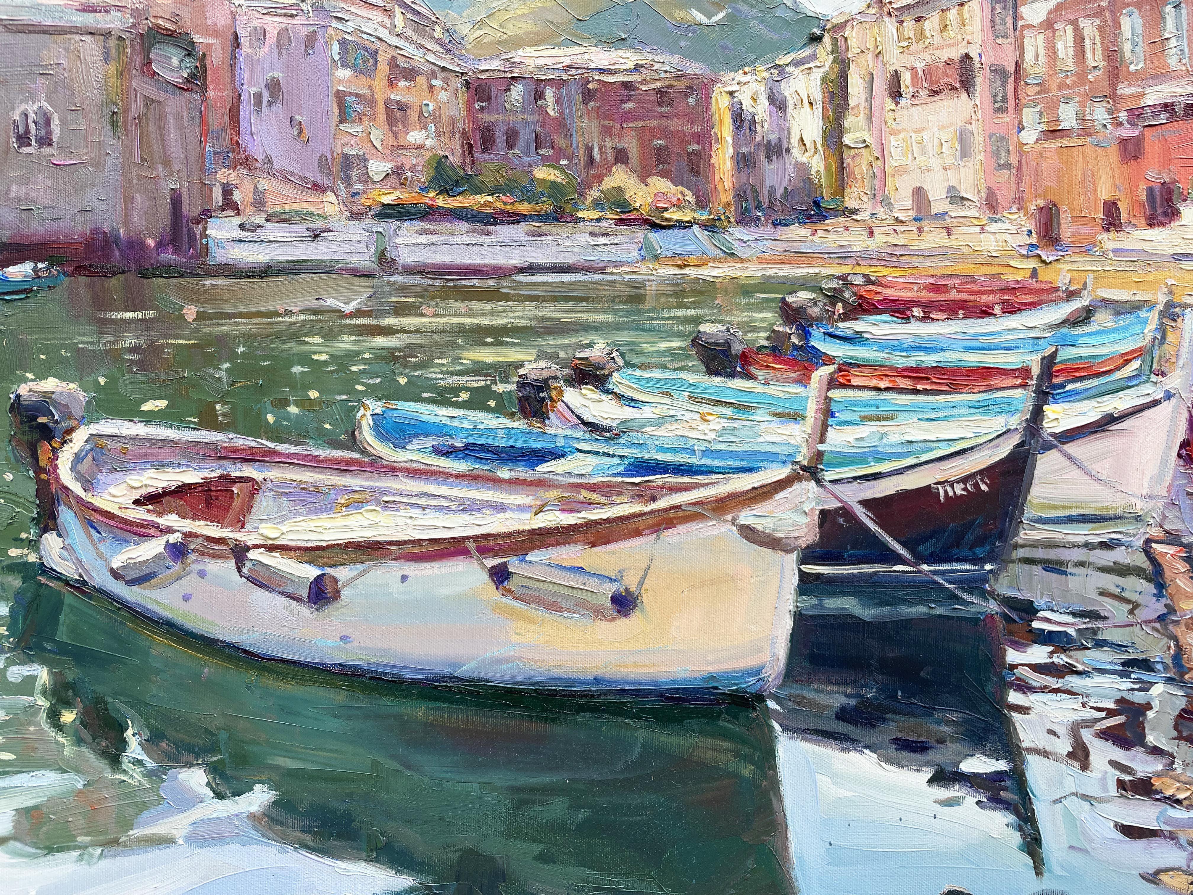Boats at the Dock, Gemälde, Öl auf Leinwand im Angebot 1