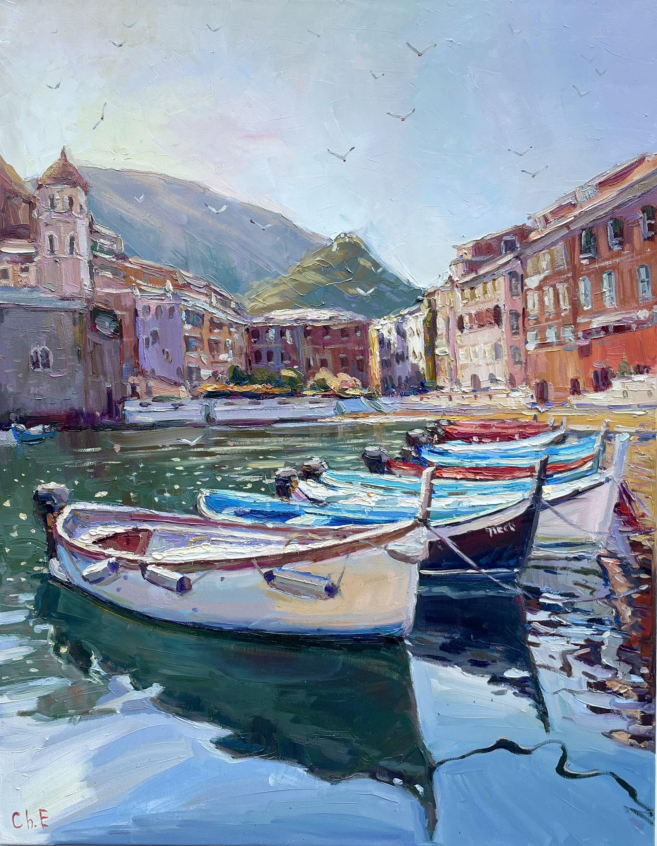 Boats at the Dock, Gemälde, Öl auf Leinwand