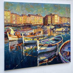 "Boote am Pier", Gemälde, Öl auf Leinwand