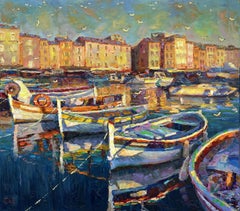 "Boote am Pier", Gemälde, Öl auf Leinwand