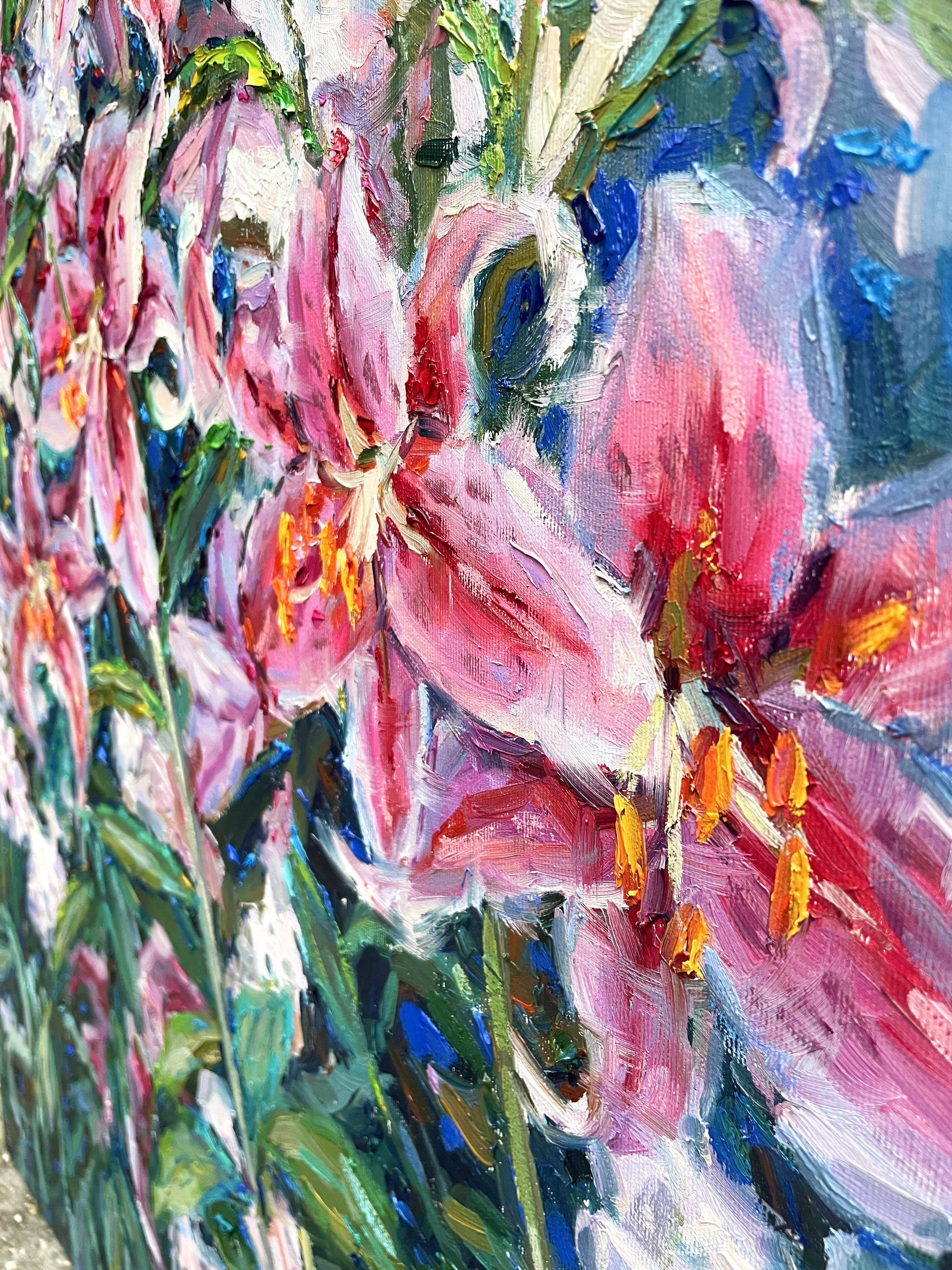 Bush of Red lilies, Painting, Oil on Canvas For Sale 2