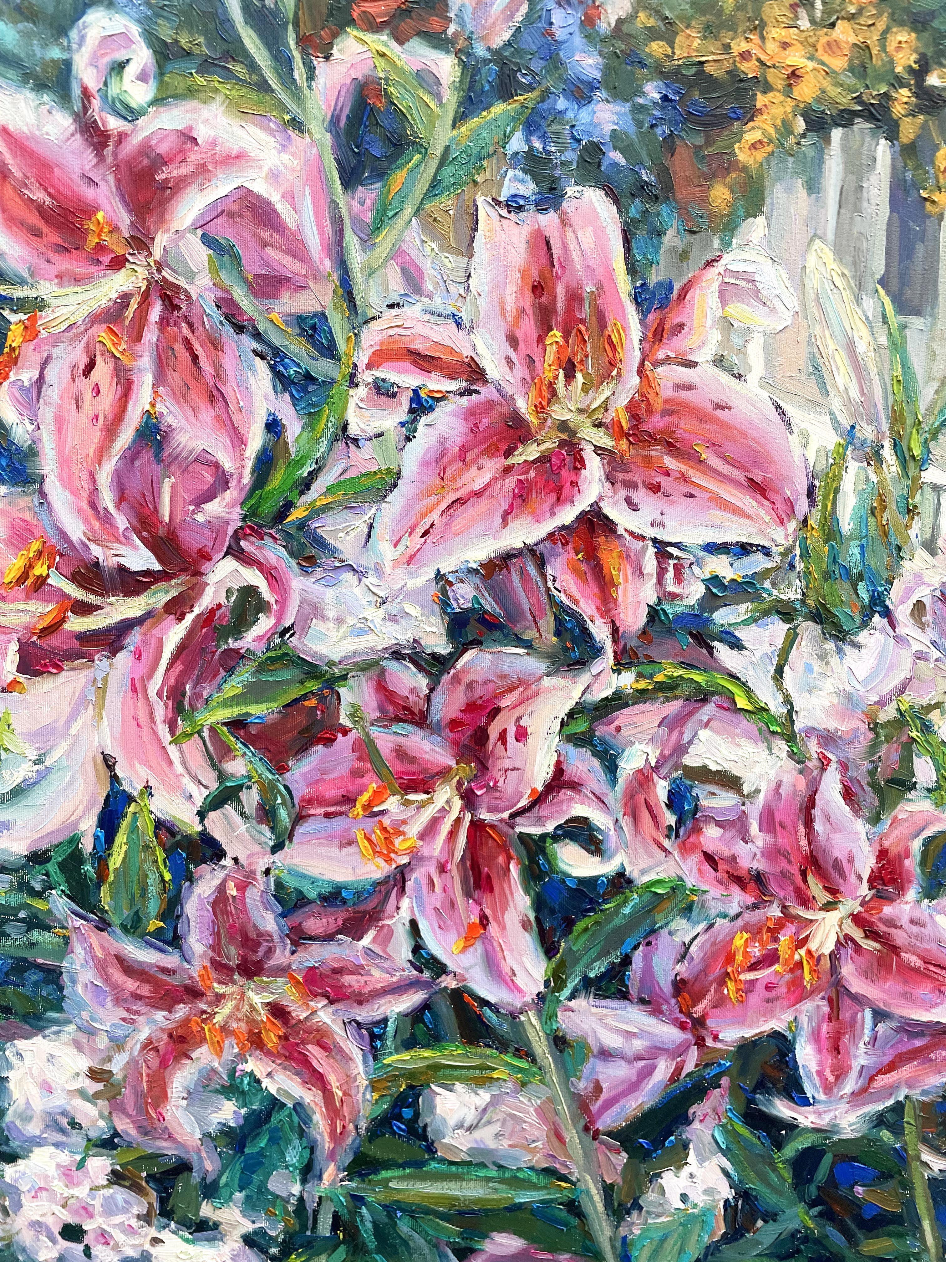 Bush of Red lilies, Painting, Oil on Canvas For Sale 3