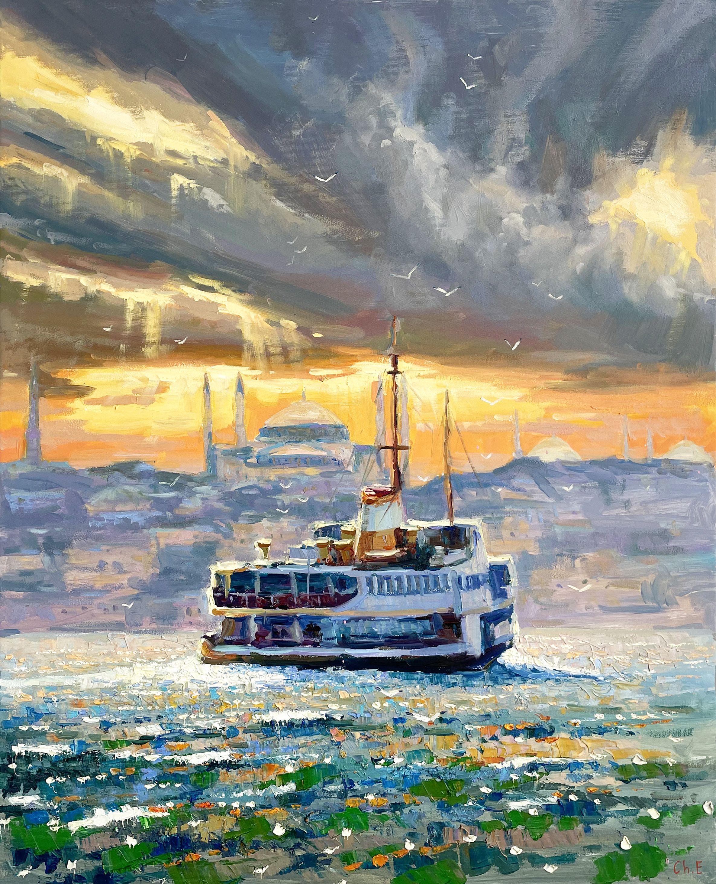 Abendsee-Sonnenuntergang, Gemälde, Öl auf Leinwand